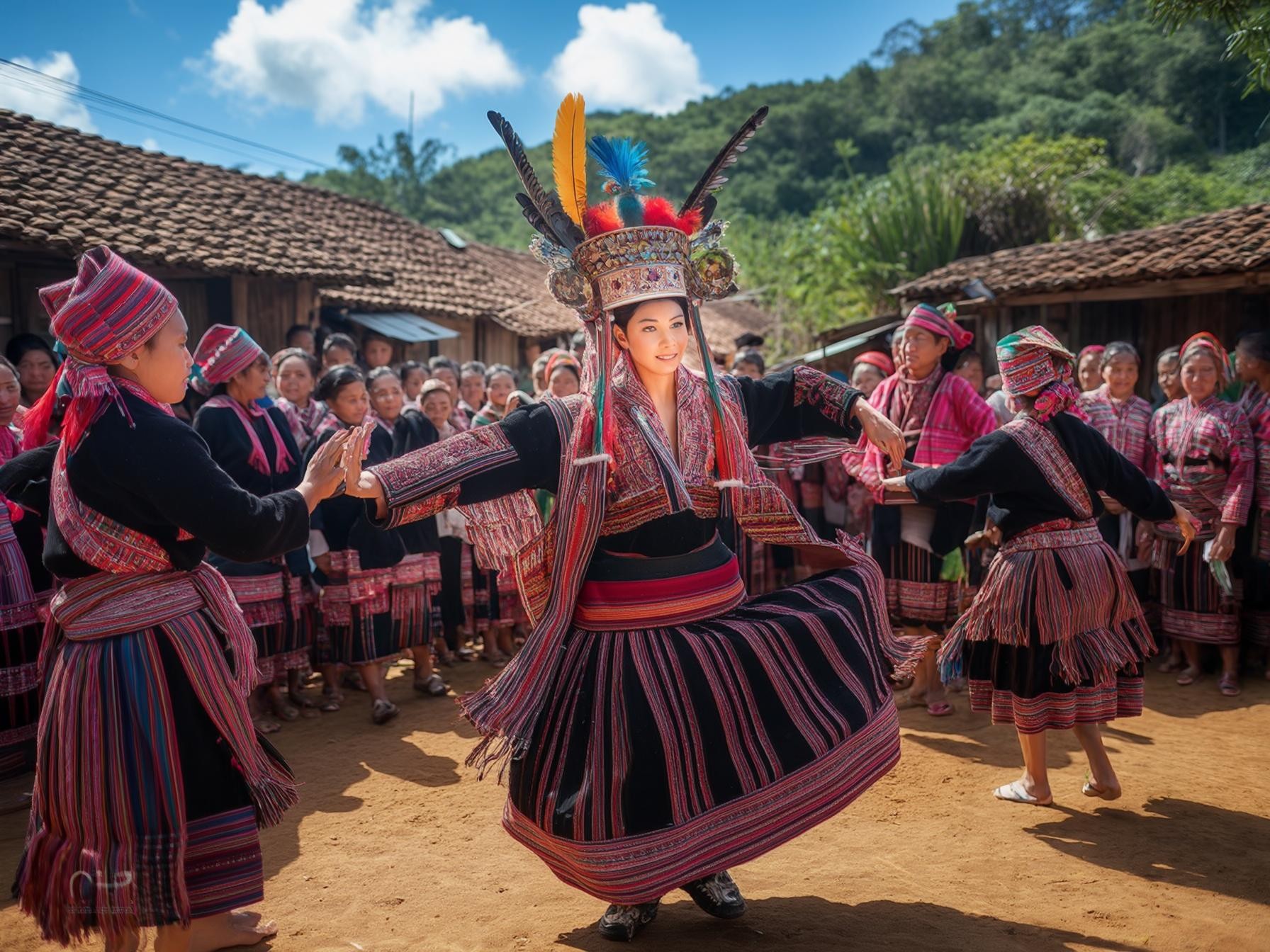 Traditional ethnic dance performance with colorful costumes in a rural village setting surrounded by greenery and wooden houses.