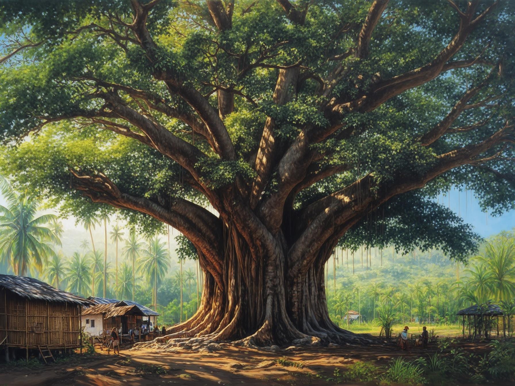 A massive, ancient banyan tree surrounded by tropical palm trees, a small village, and locals resting under its shade in a serene landscape.