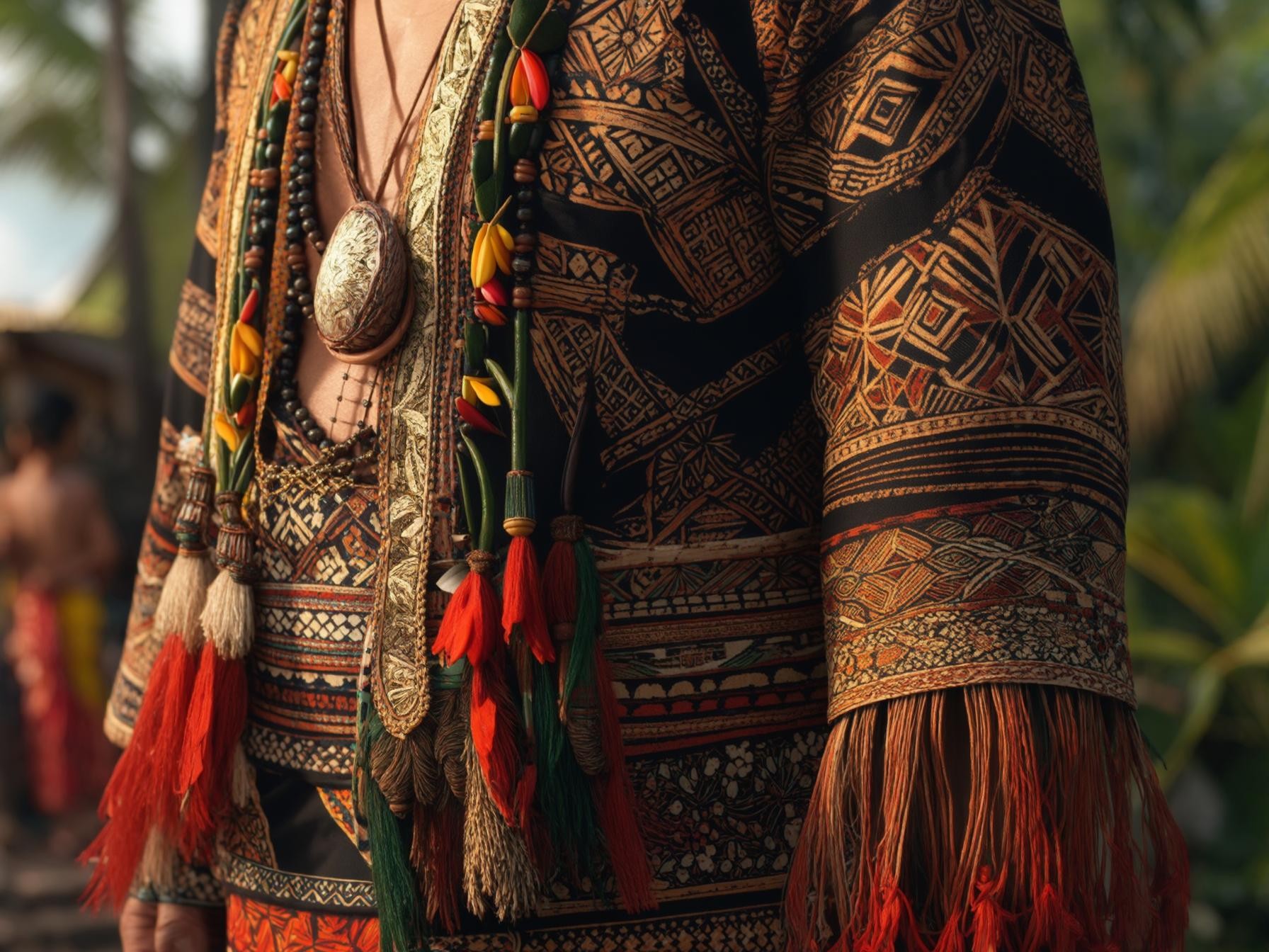 Traditional attire with intricate patterns and colorful tassels, adorned with beaded necklaces and a decorative pendant.