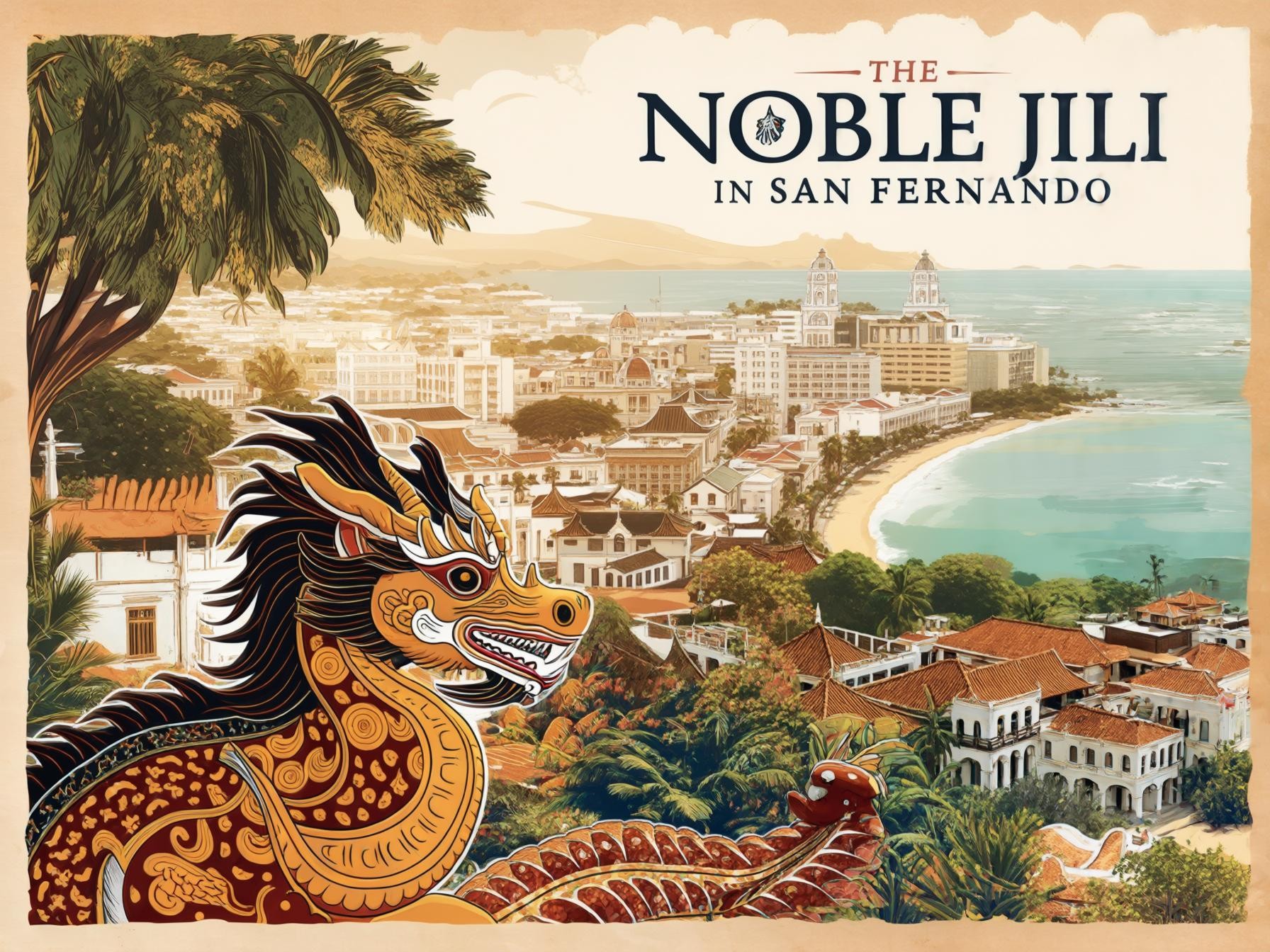 Illustration of a coastal city with colonial architecture, tropical landscape, and a colorful dragon, titled "The Noble Jili in San Fernando".