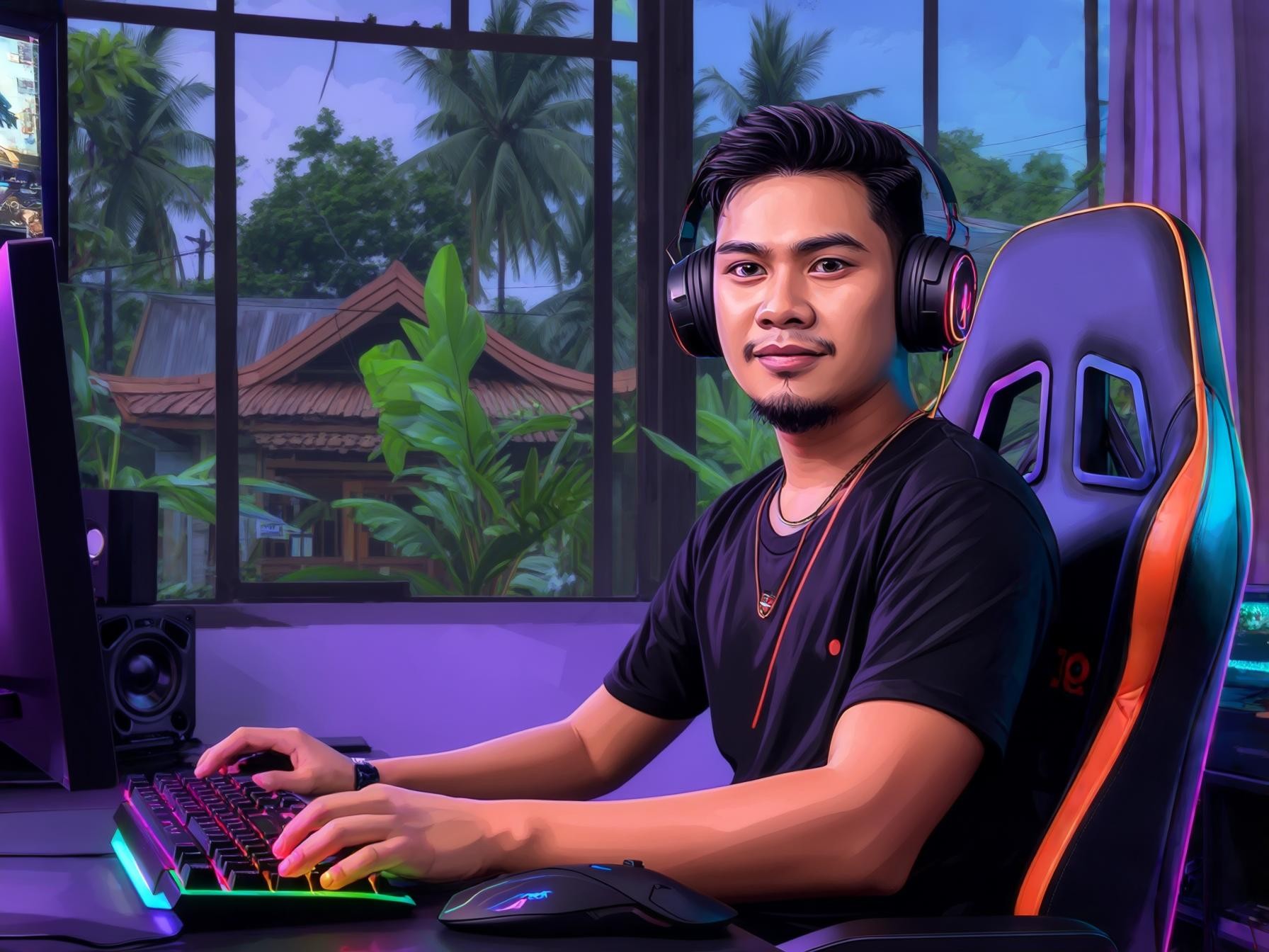 Young man gaming with headphones at colorful setup, tropical view outside the window, relaxed atmosphere.