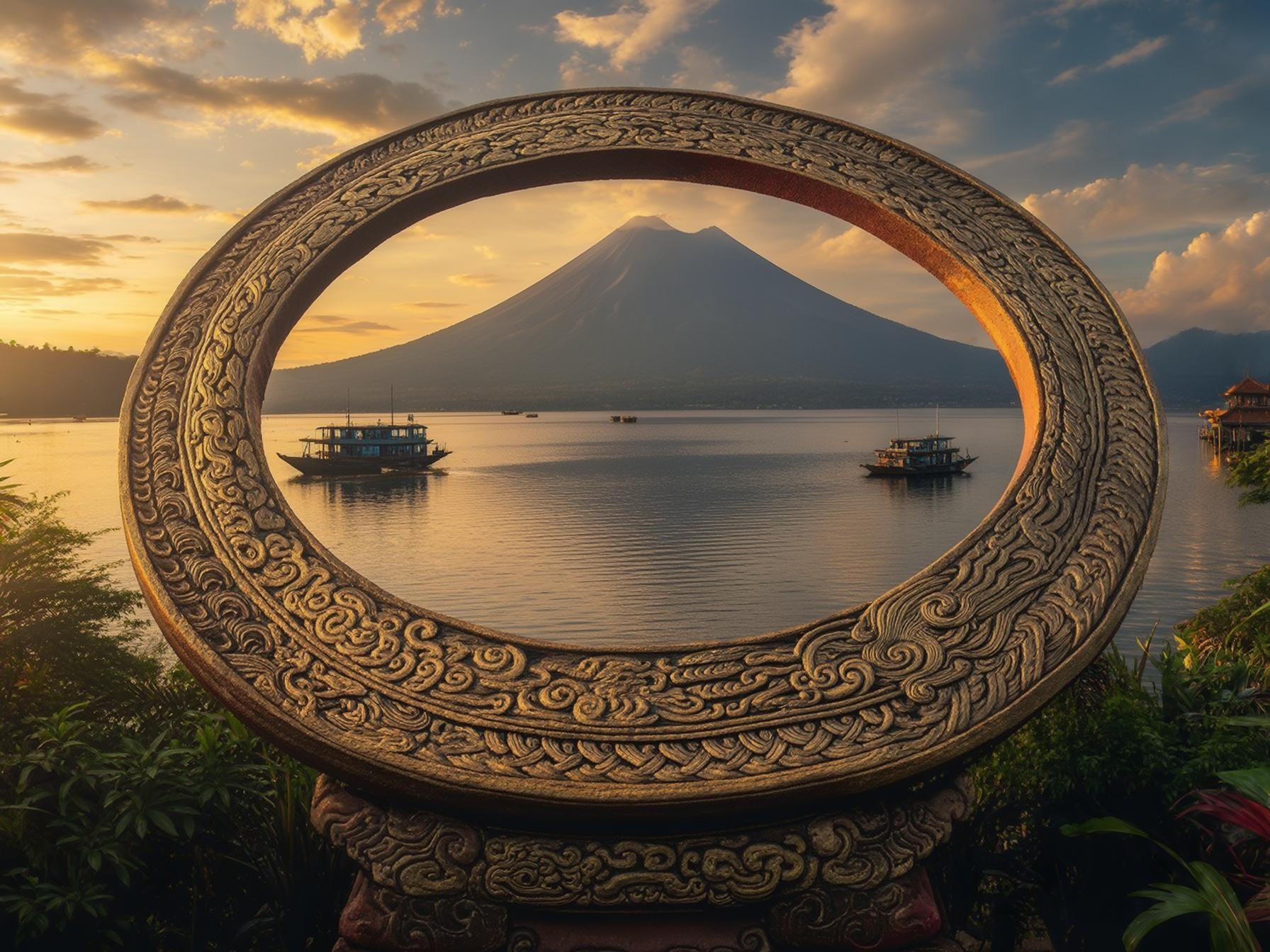 Golden ring framing Mount Agung with serene lake and boats at sunset, capturing tranquil Balinese landscape beauty.