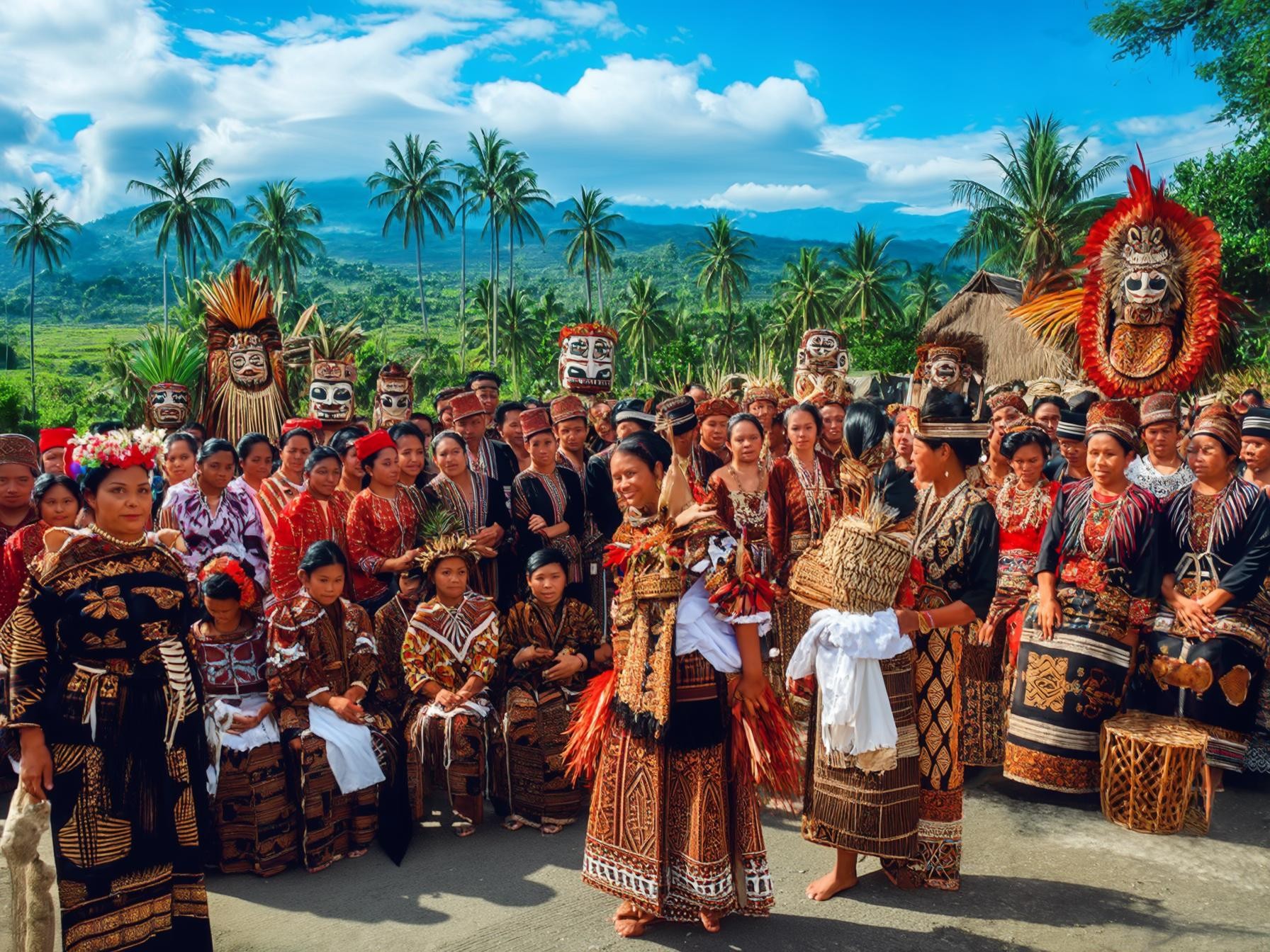 Traditional ceremonial attire, colorful cultural clothing and masks, lush landscape with palm trees, mountains in the background.