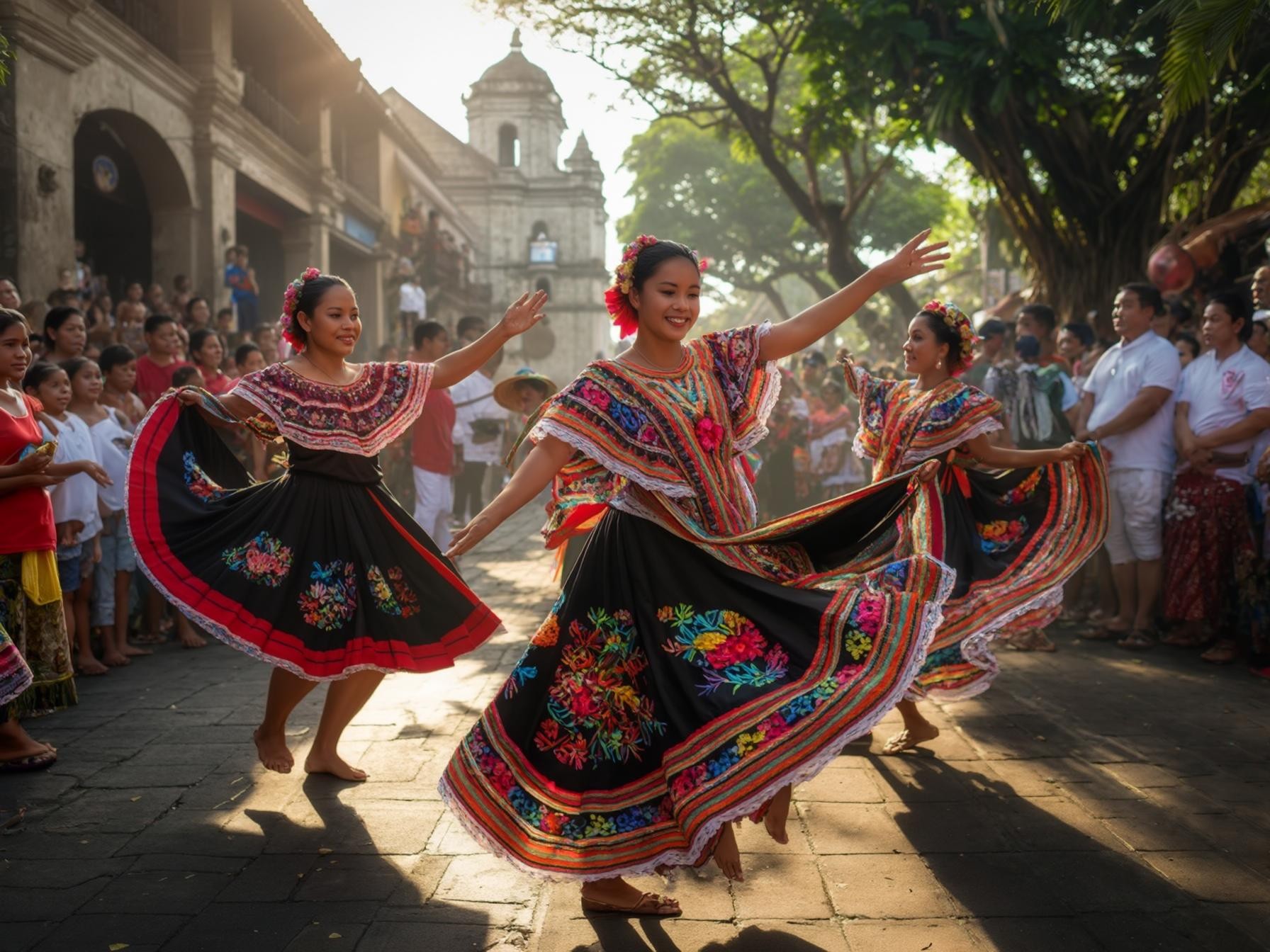 Traditional dancers in colorful embroidered dresses performing in a festive outdoor cultural event surrounded by a crowd.