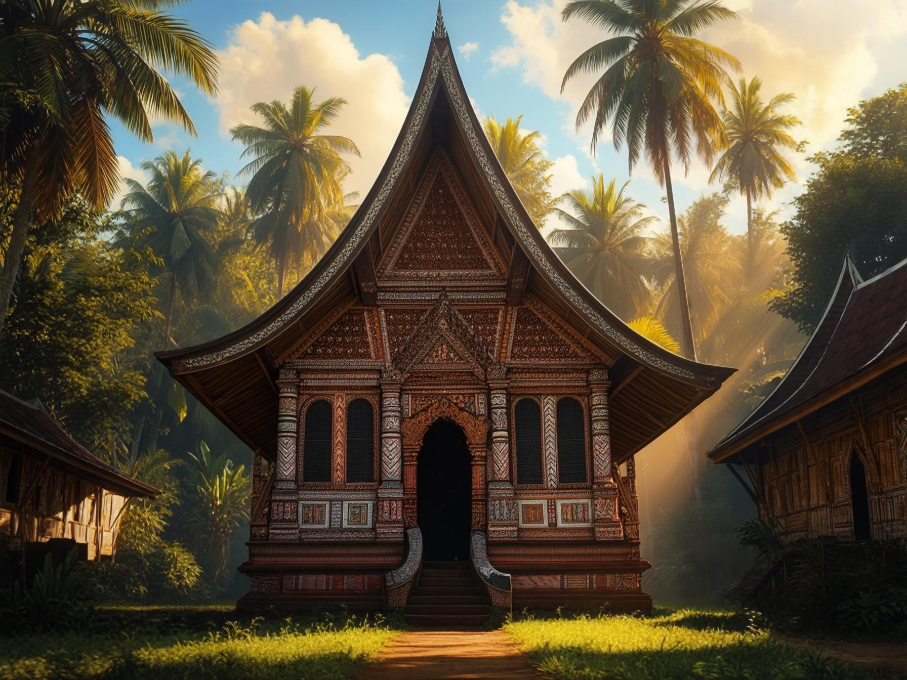 Traditional wooden Minangkabau house with intricate carvings surrounded by lush palm trees in vibrant tropical landscape.