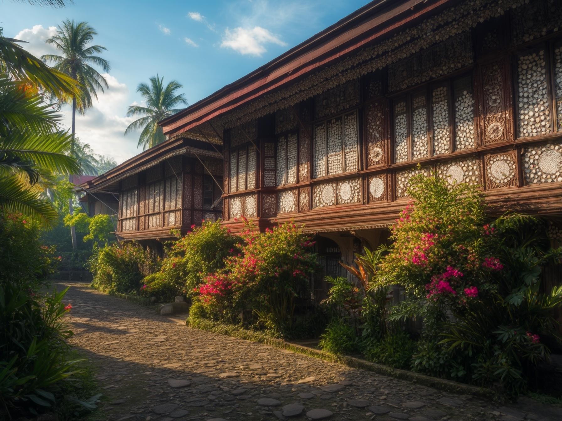 Traditional Filipino house with capiz shell windows surrounded by lush tropical garden and palm trees.