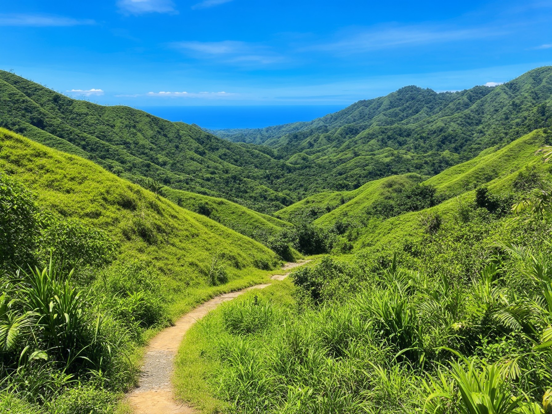 Lush green hills under a bright blue sky with a scenic path leading to ocean views in the distance.