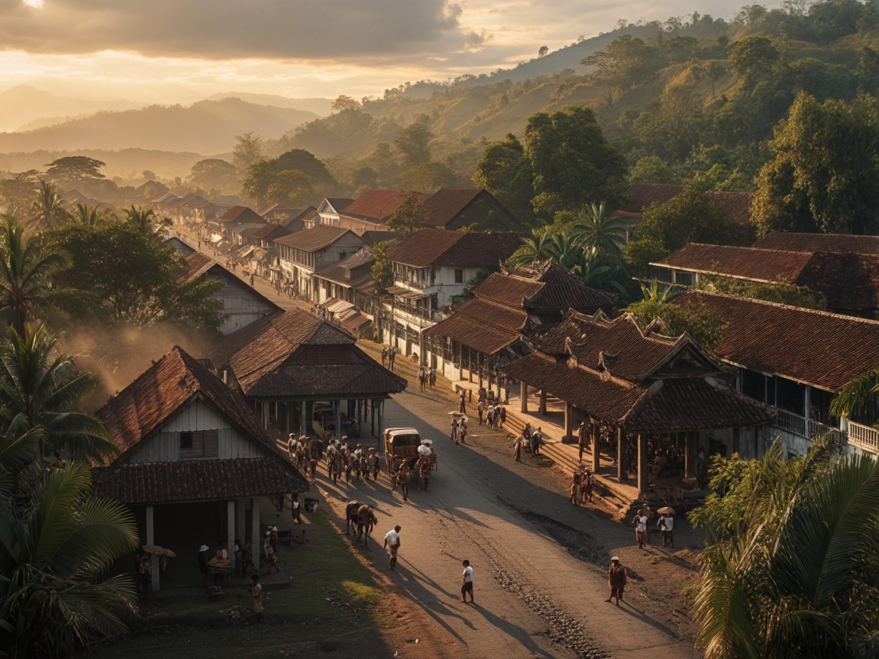 The image depicts a picturesque village scene at sunset, with traditional houses lined along a dusty road, surrounded by lush hills and trees. People can be seen walking and engaging in daily activities. **Alt text:** Traditional village at sunset, showcasing houses, people, and lush green hills in the background.