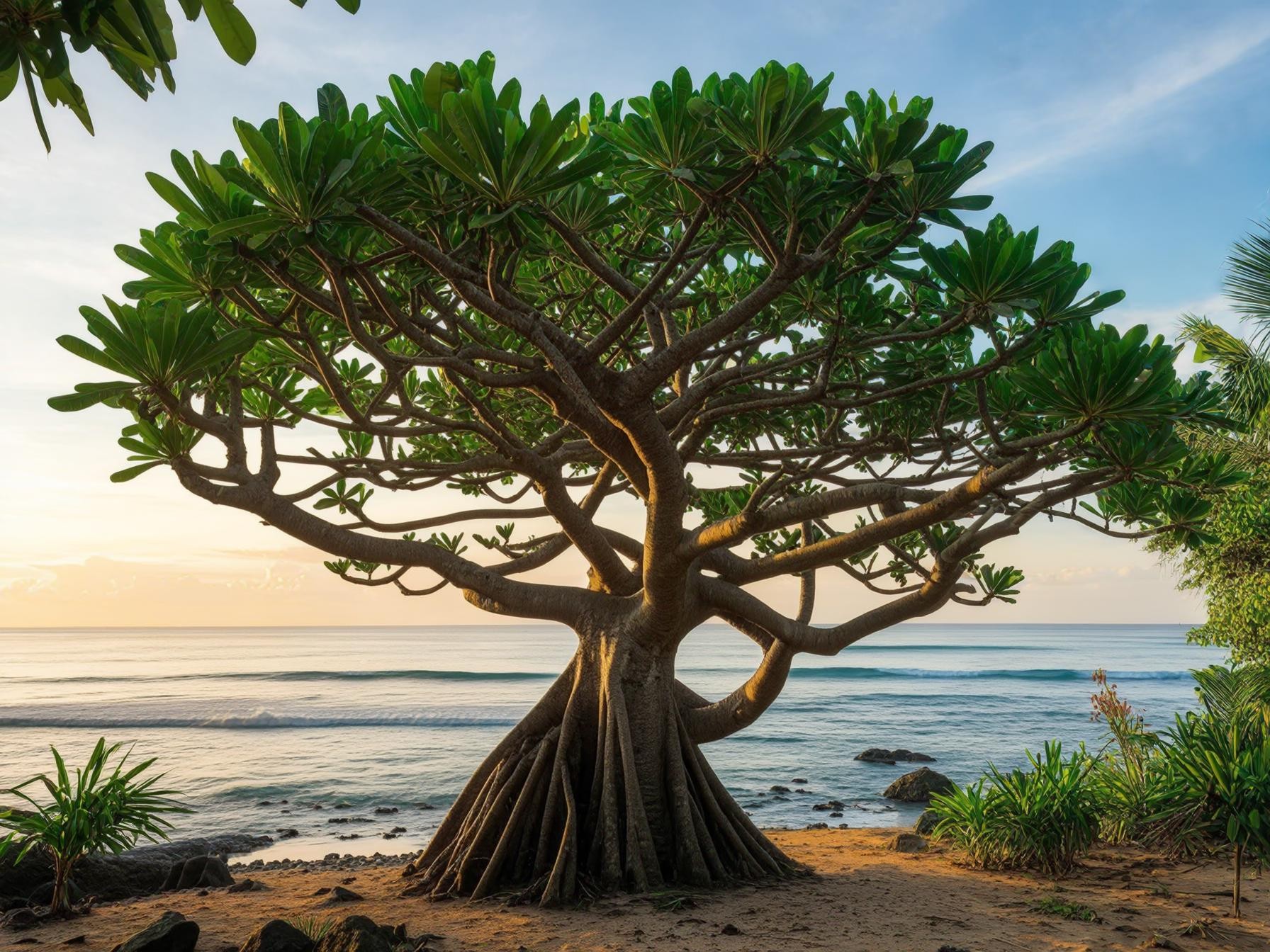 Majestic tree with sprawling branches by a serene beach at sunrise.