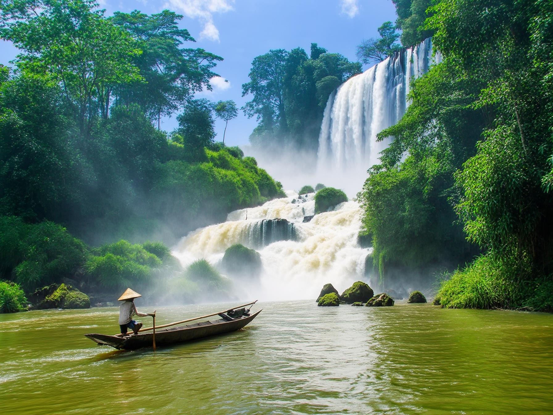 Man in a canoe paddling towards a majestic waterfall surrounded by lush green jungle.