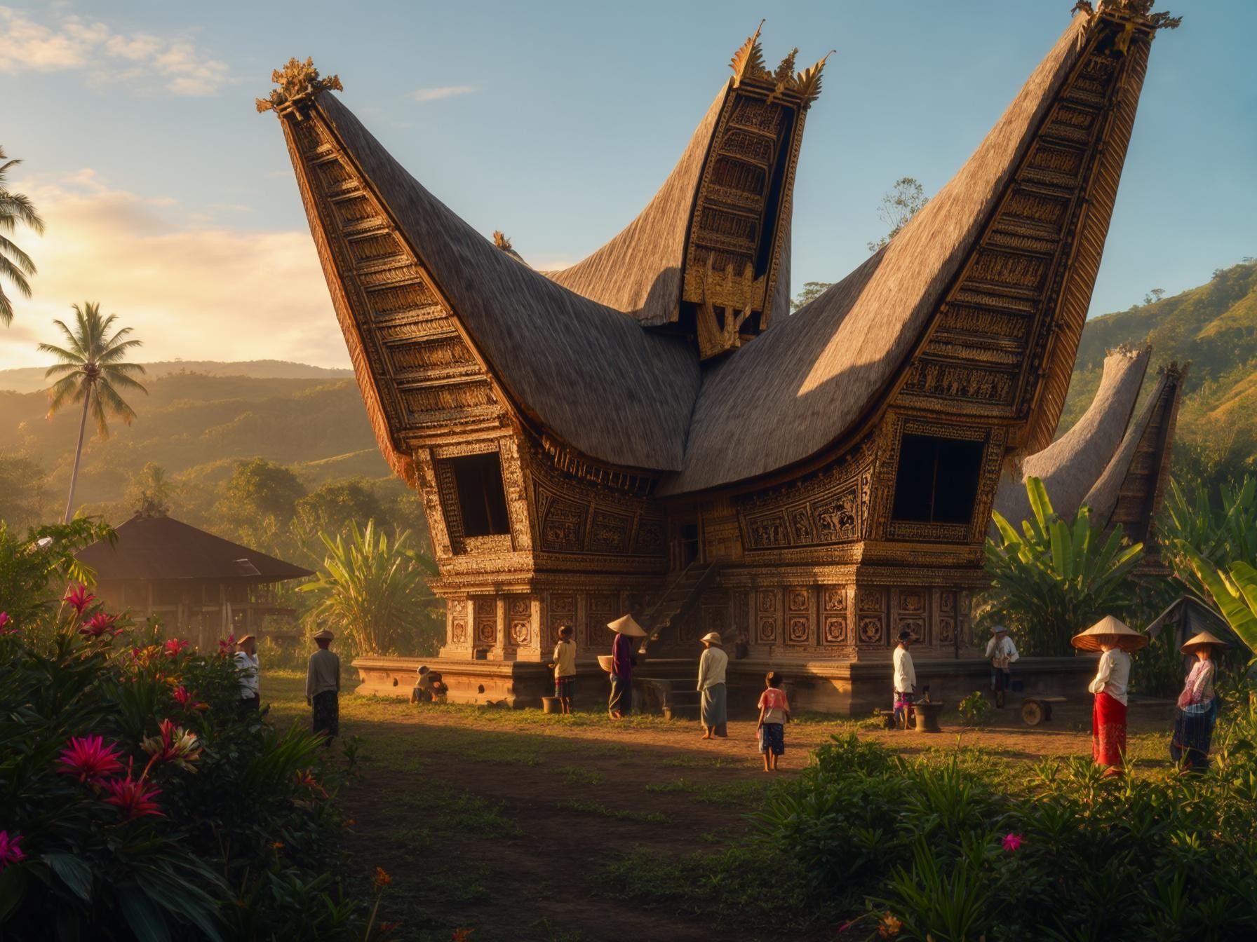 Traditional Tongkonan house in Toraja, Indonesia, surrounded by tropical greenery and locals in traditional clothing at sunset.