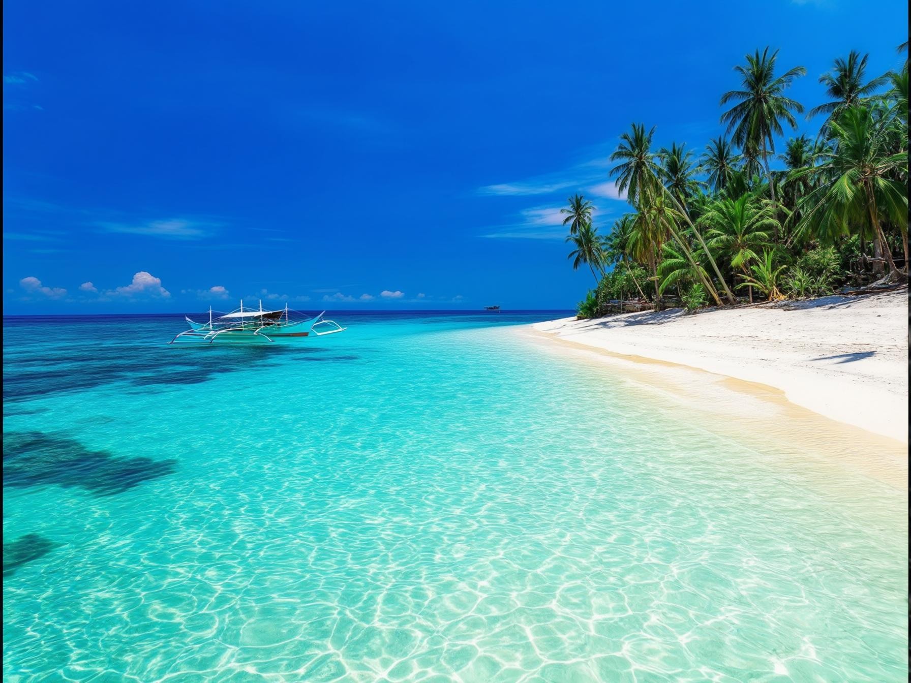 Tropical beach with clear water, white sand, palm trees, and a boat under a sunny blue sky.