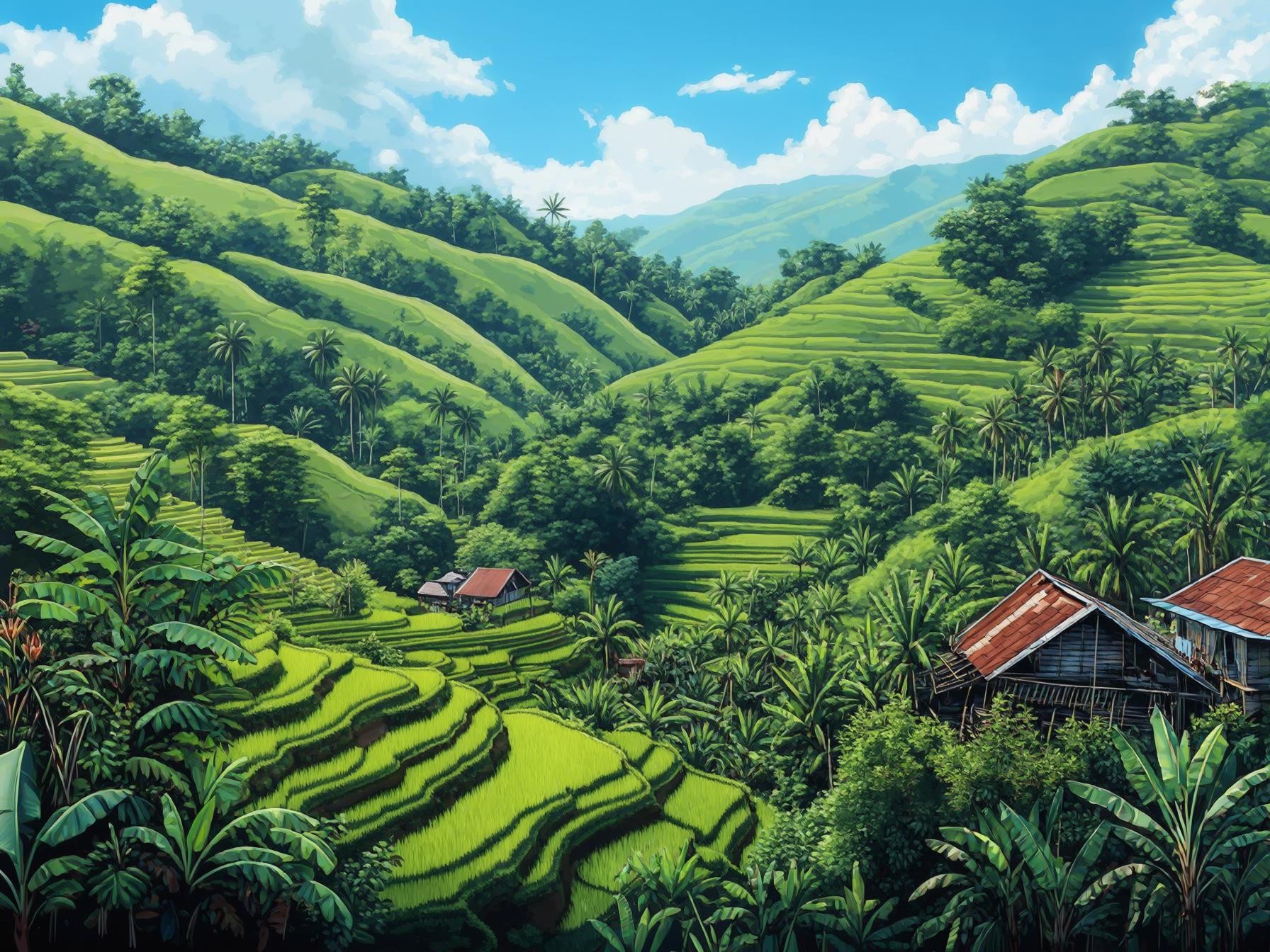 Lush green terraced rice fields with tropical palm trees and traditional wooden houses under a bright blue sky in a rural landscape.