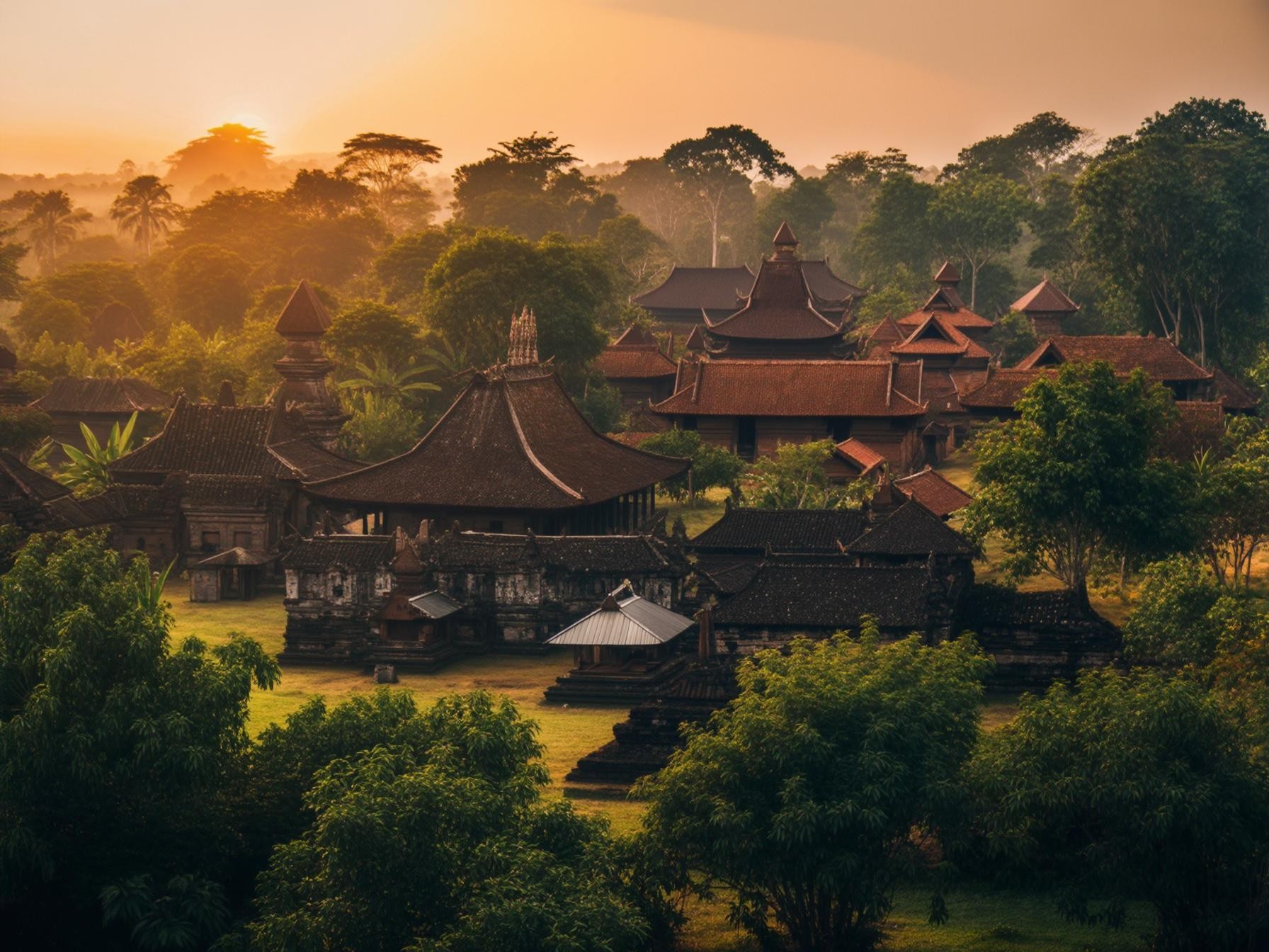 Sunset over traditional Javanese temples surrounded by lush greenery in Indonesia.