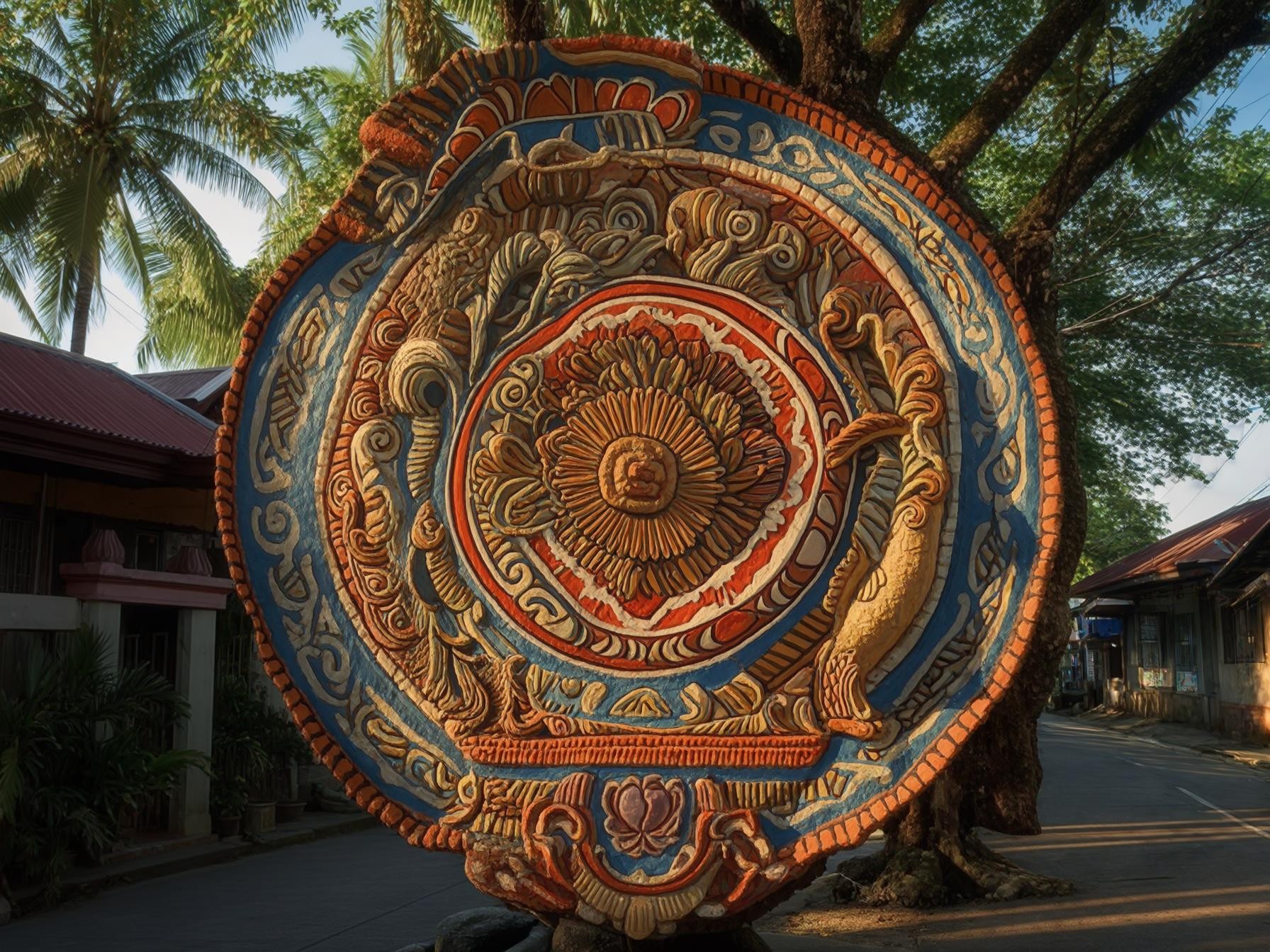 "Intricately carved wooden sculpture with colorful patterns, tropical trees, and village street in the background at sunrise."