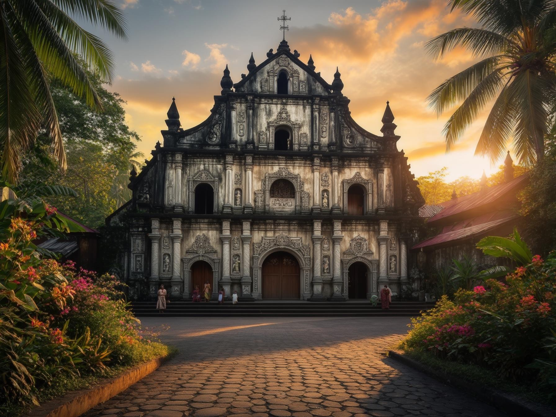 Historic colonial church facade surrounded by lush gardens at sunset, blending architecture and nature in a serene tropical setting.