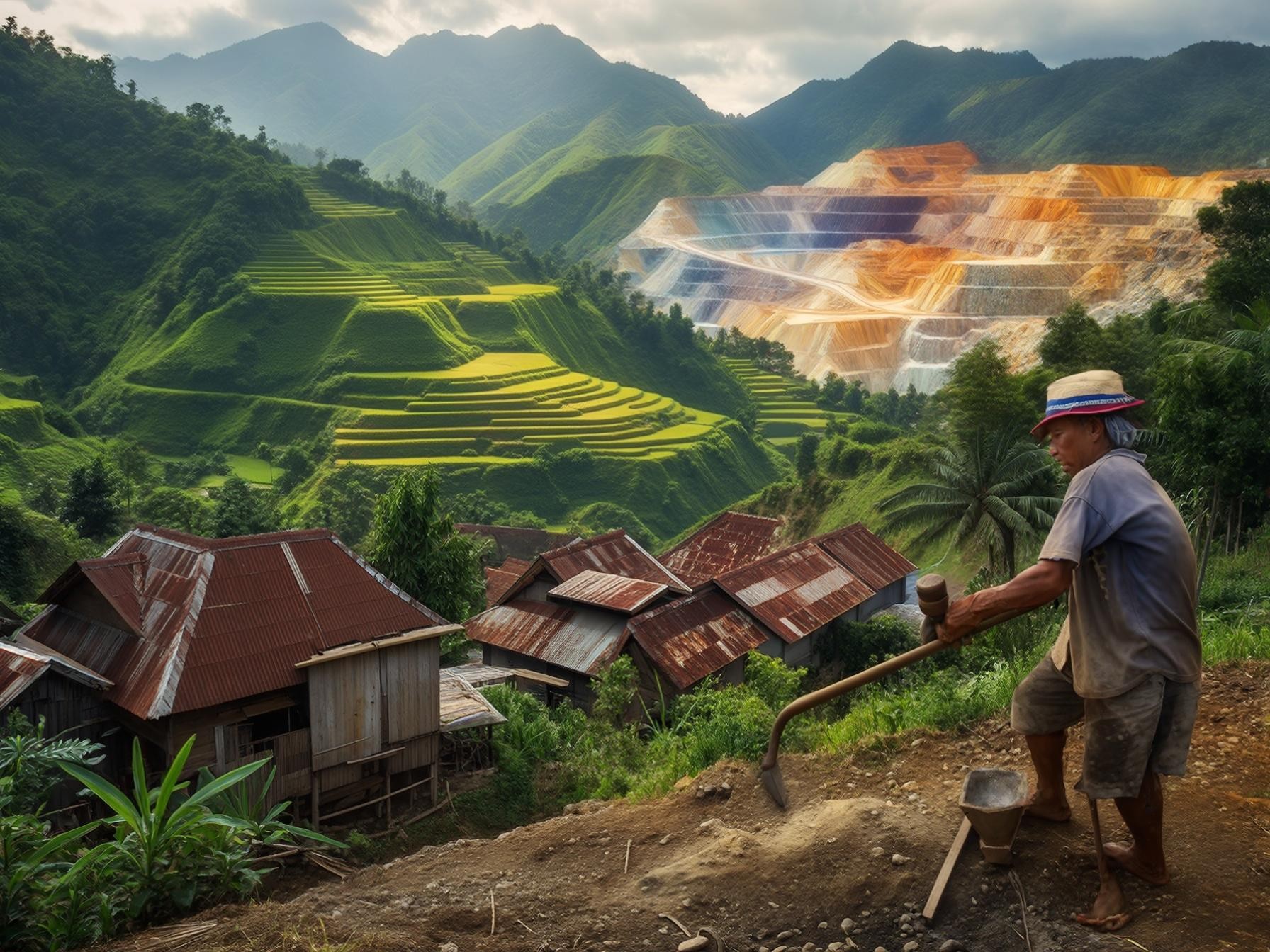 Farmer working with hoe on hillside, traditional houses, terraced rice fields, and colorful mining site in mountainous landscape background.