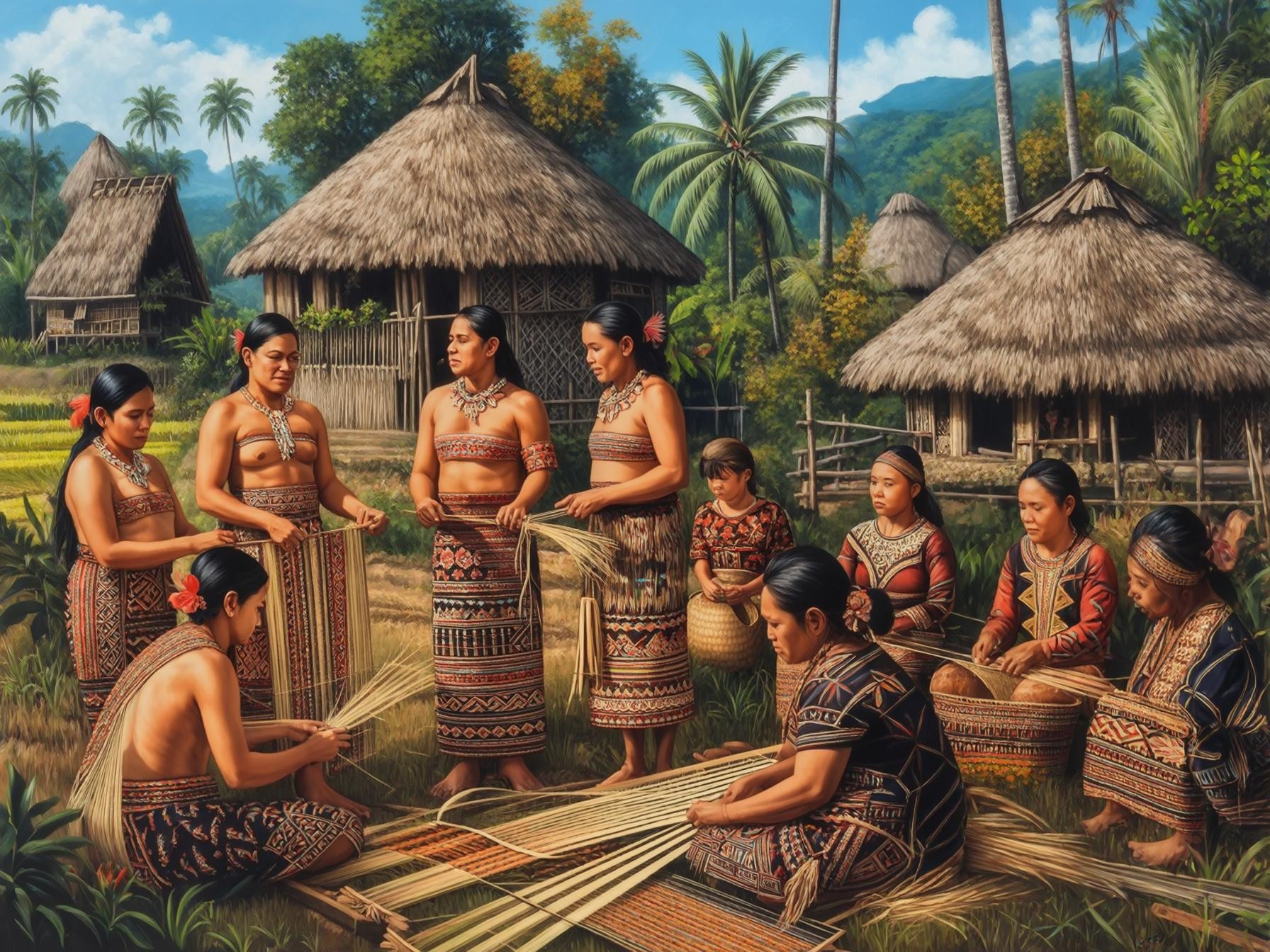 A group of indigenous people in traditional attire weaving and crafting outdoors near wooden huts and lush tropical surroundings.