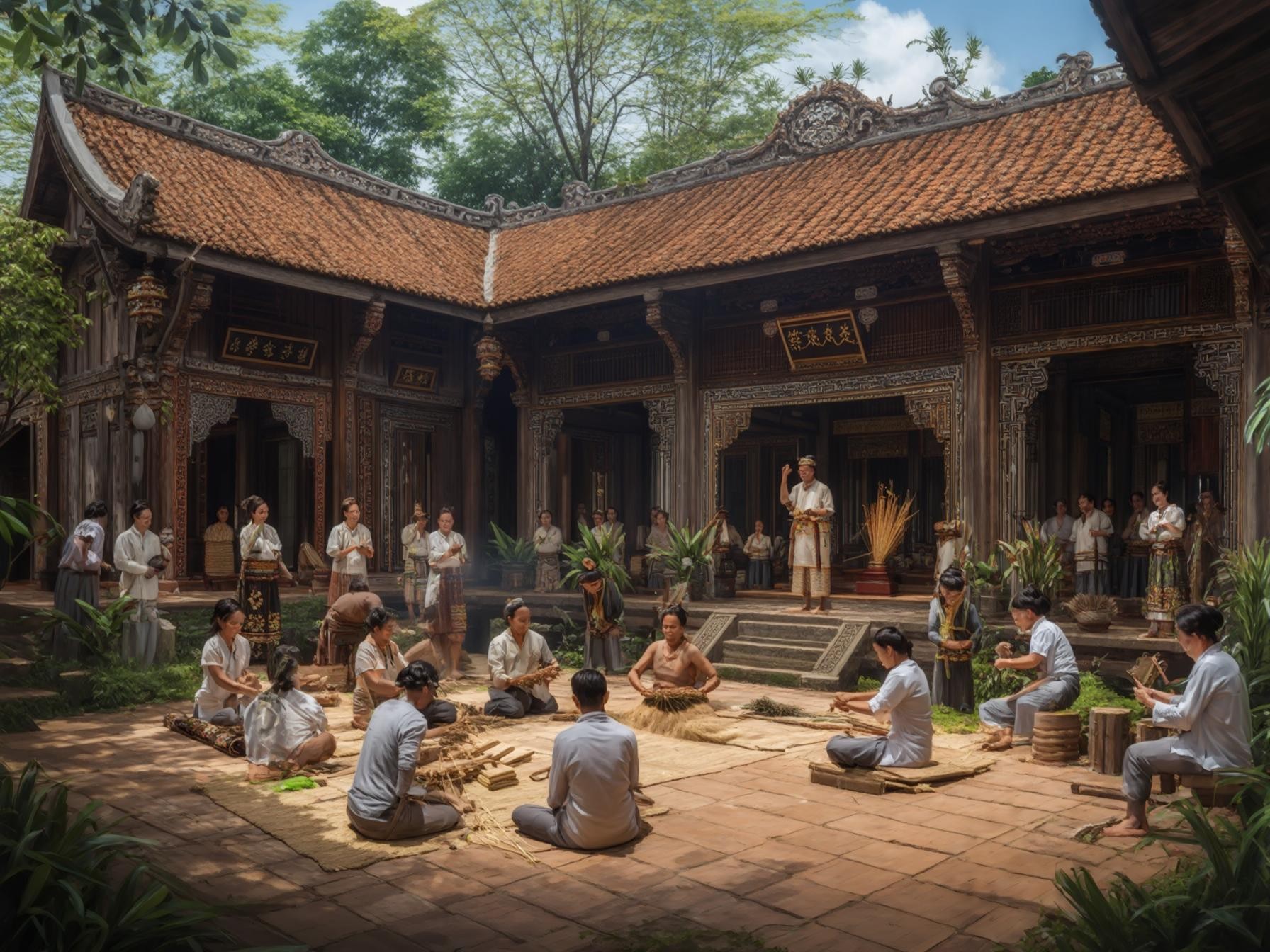 A traditional gathering with people weaving in a historical Asian courtyard, surrounded by ornate wooden architecture and lush greenery.