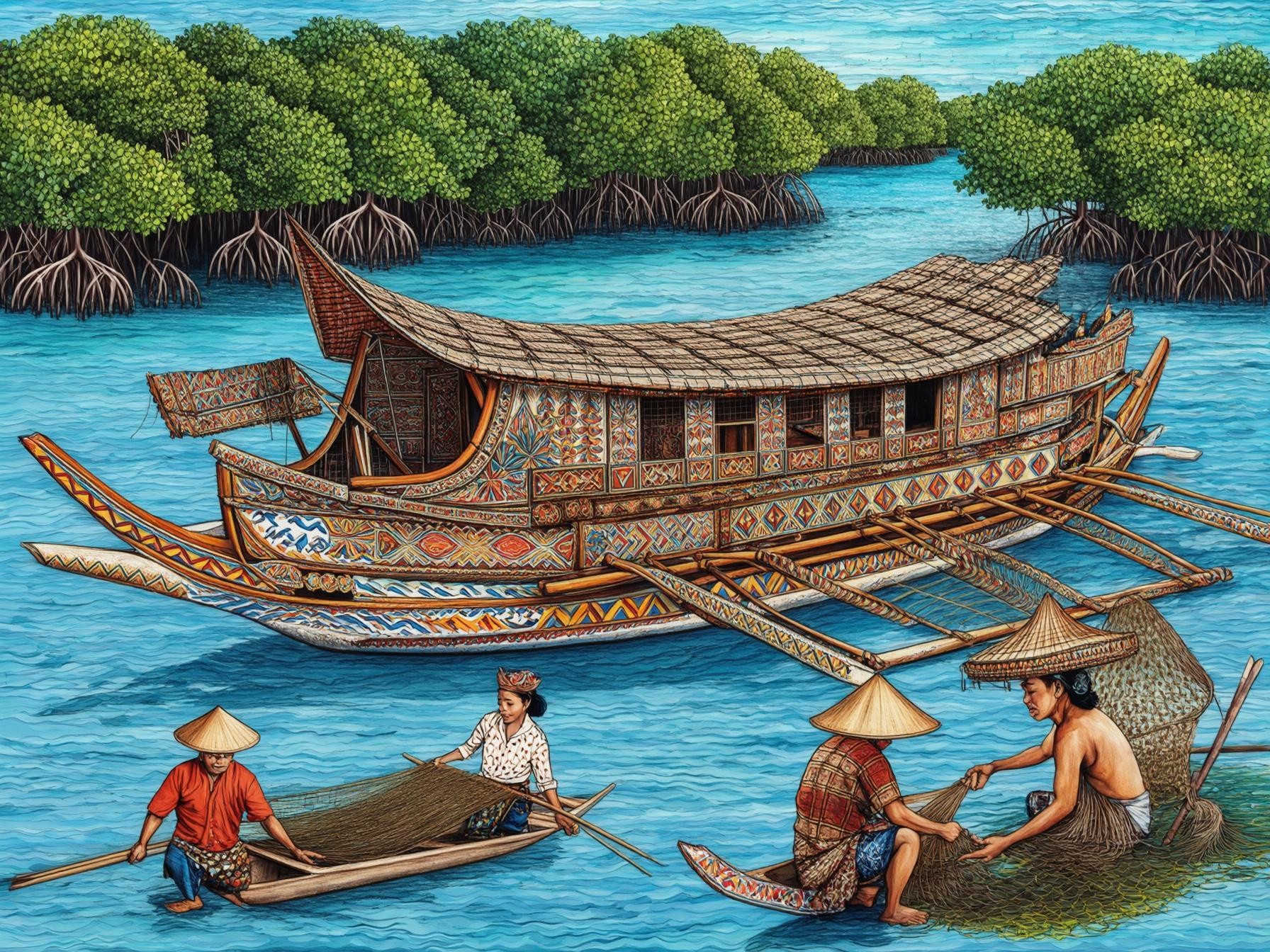 Traditional boat with intricate designs and fishermen in straw hats working near mangroves on a calm blue water backdrop.