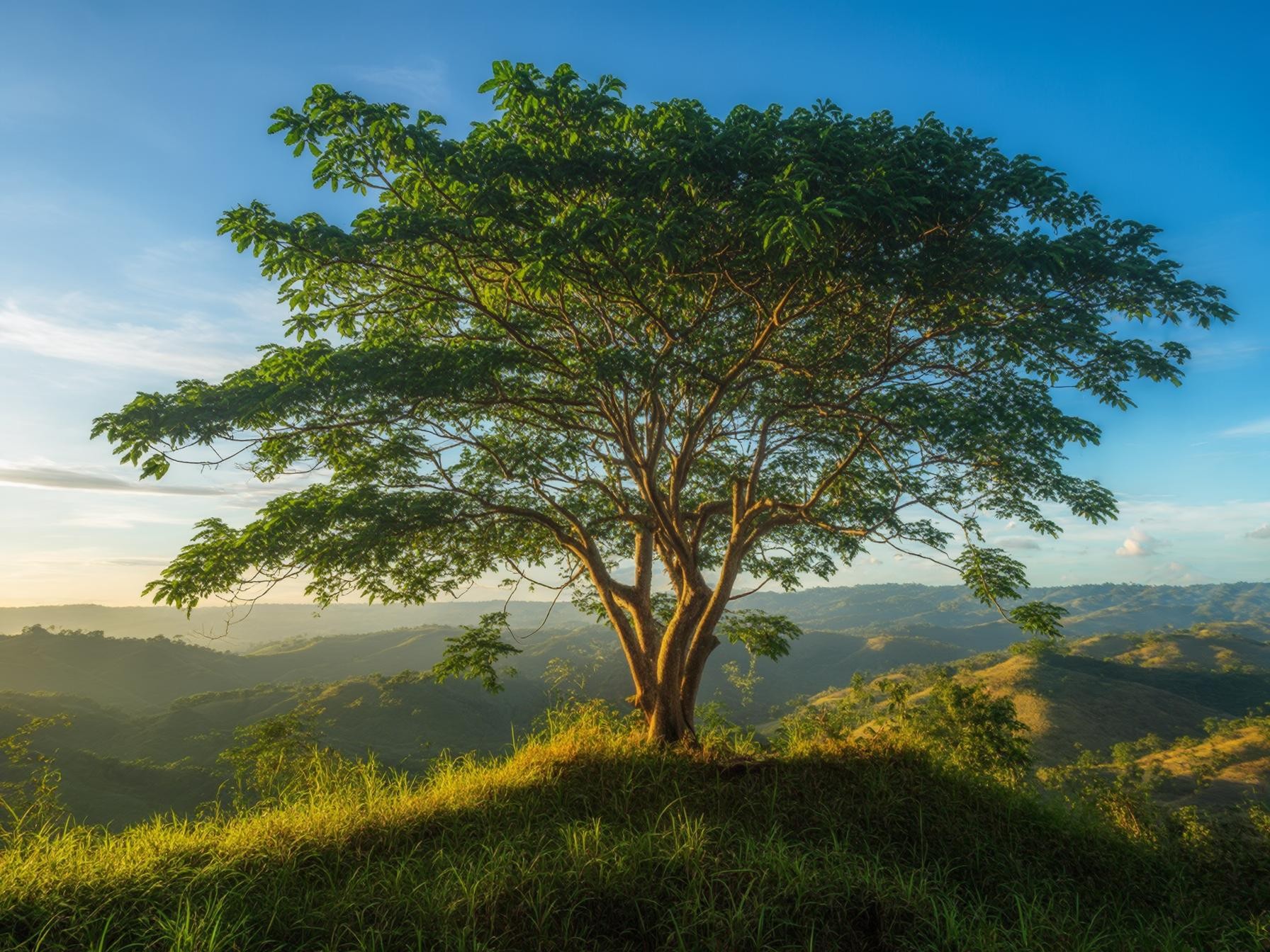 Lonely tree on a grassy hilltop with sunlight and panoramic view of rolling green hills under a clear blue sky.