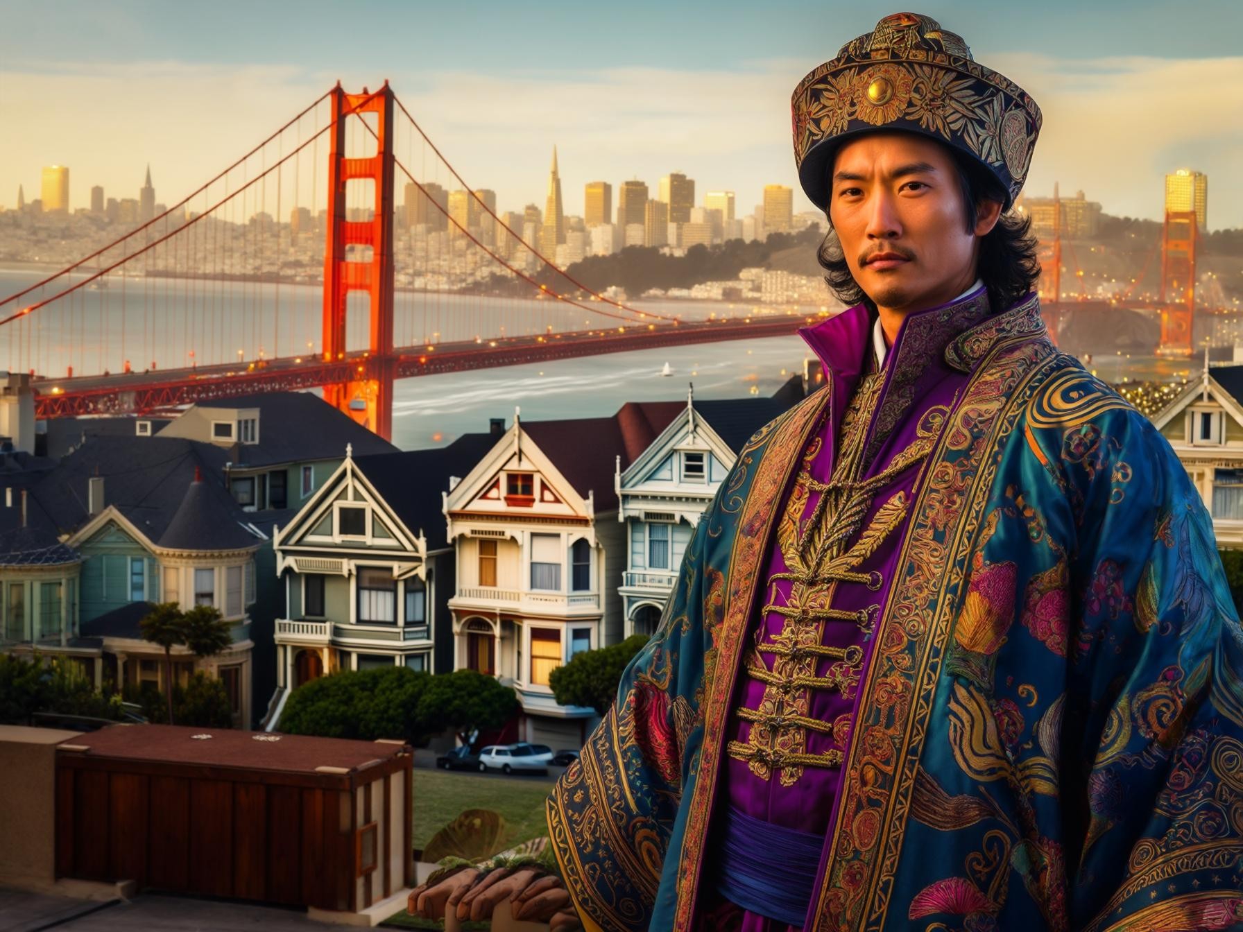 A man in traditional ornate robes stands before Victorian homes with the Golden Gate Bridge in the background.