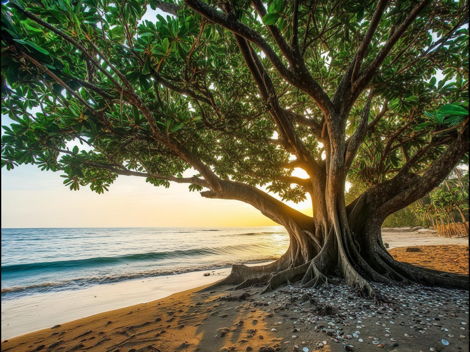 Large tropical tree on a serene beach at sunset with golden light reflecting on the ocean waves and sandy shoreline.