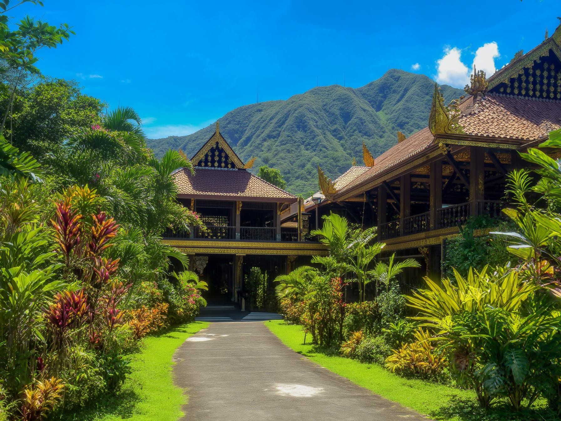 Traditional Southeast Asian architecture surrounded by lush tropical plants with a mountain backdrop under a clear blue sky.