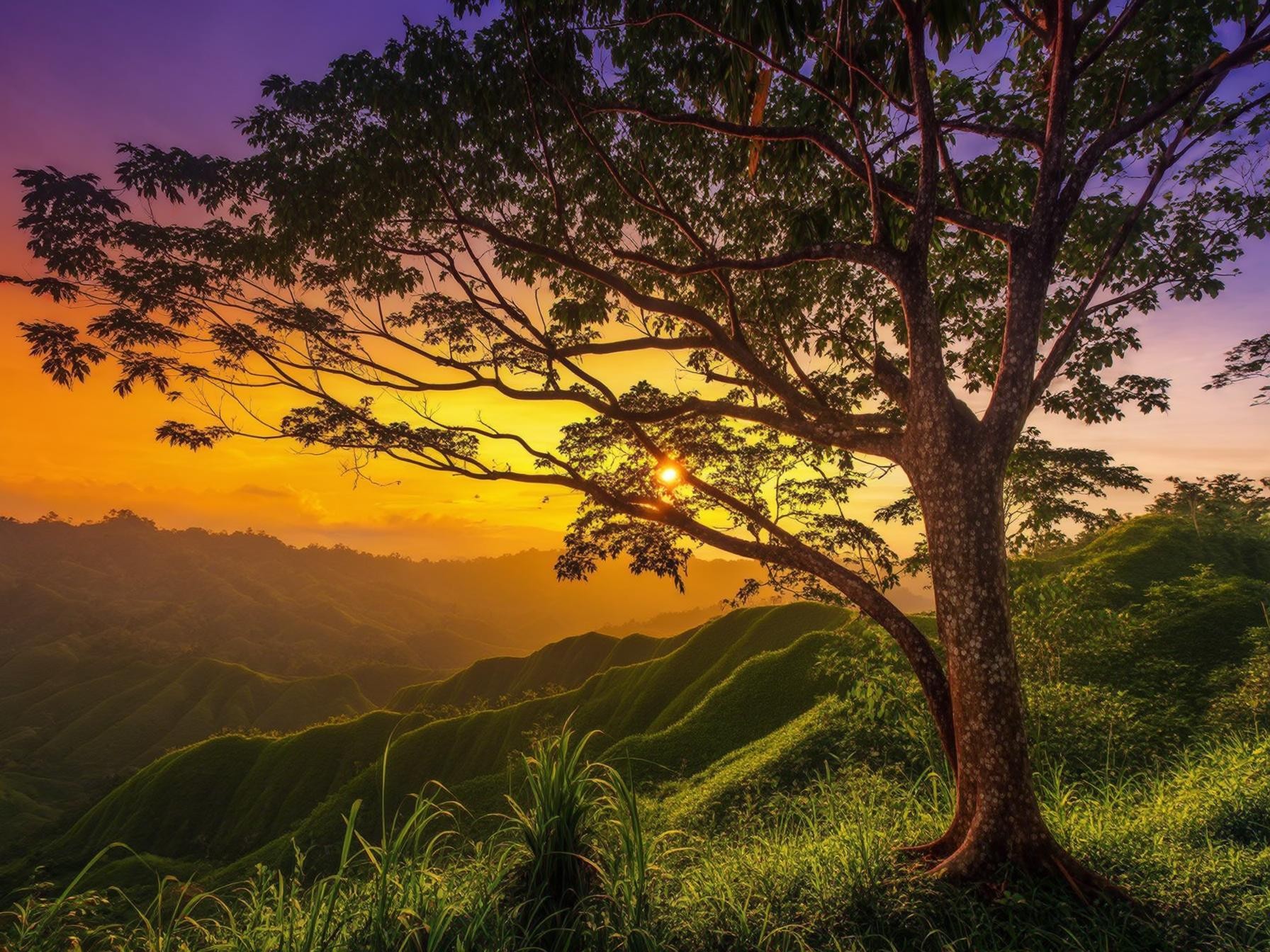 A serene sunset view over lush green hills with a silhouetted tree in the foreground.