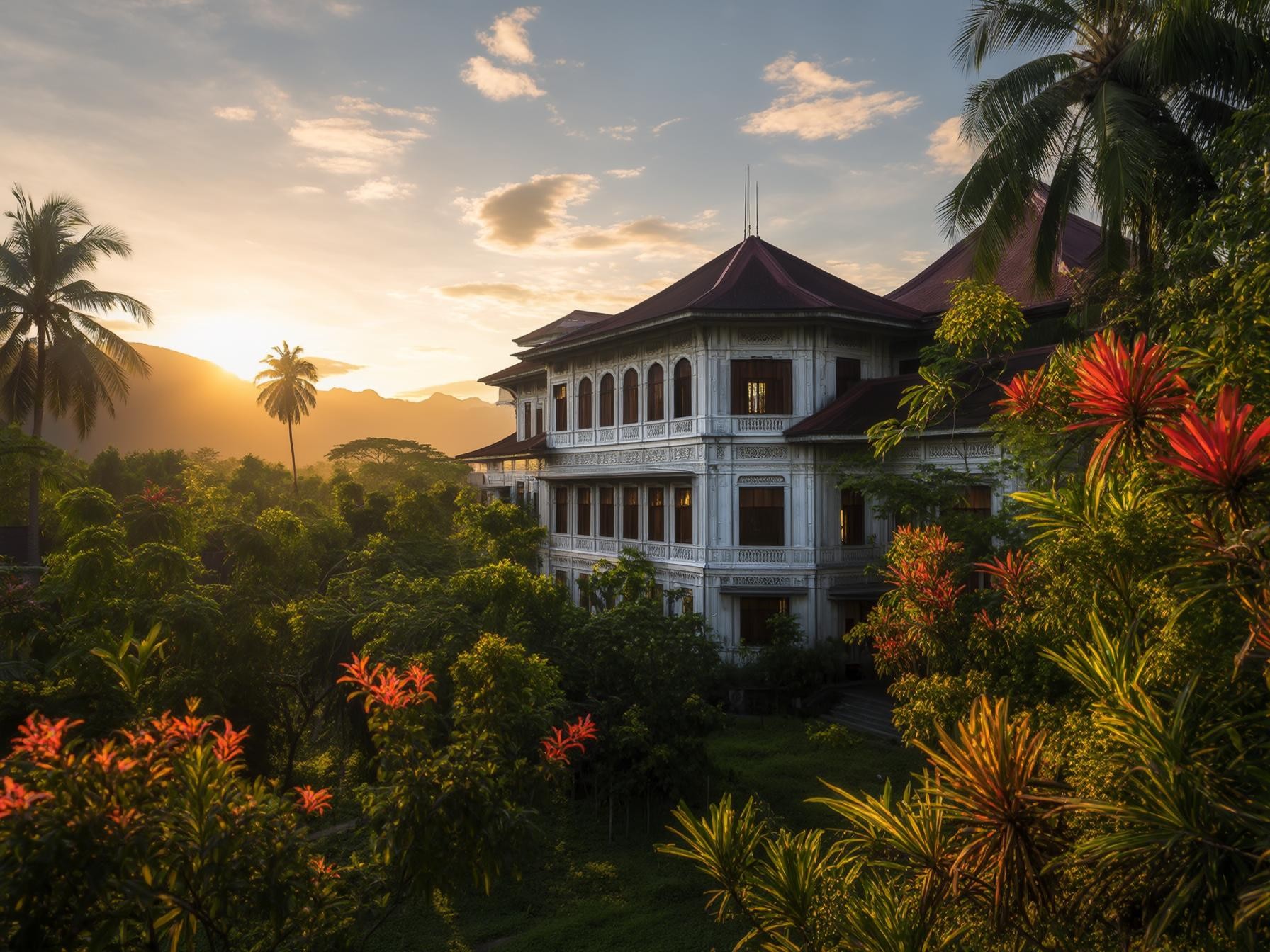 Sunrise view of a classic colonial mansion surrounded by lush tropical gardens and palm trees.