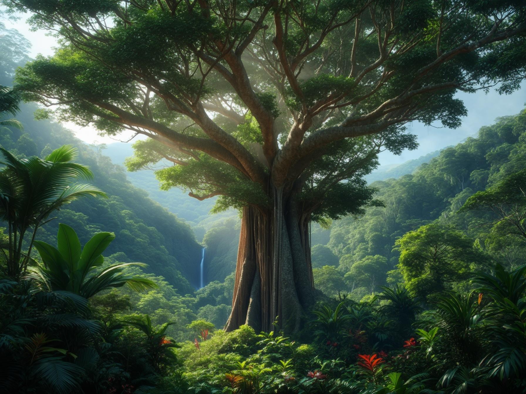 Majestic ancient tree in lush tropical rainforest with vibrant plants and distant waterfall, epitomizing nature's beauty and tranquility.