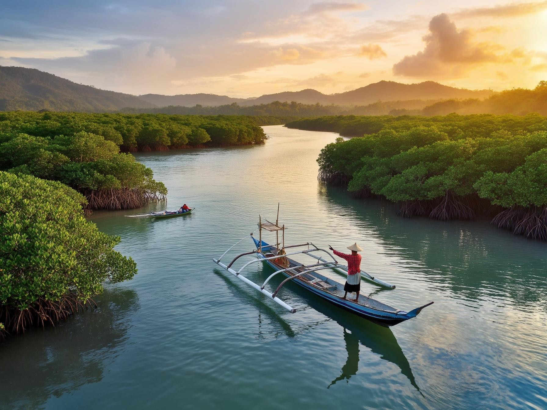 Fisherman on a traditional boat in a mangrove forest river at sunset, surrounded by lush greenery and serene tropical scenery.