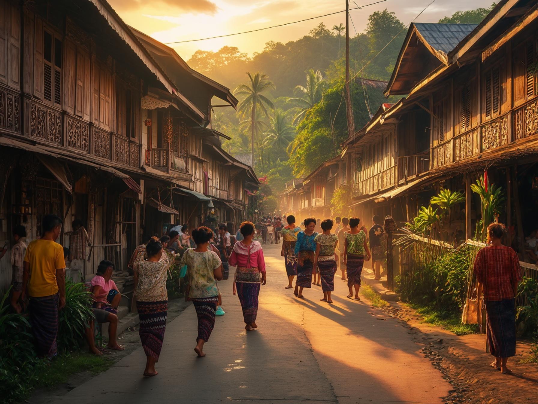 Traditional village street with people in vibrant attire, wooden houses, and lush greenery in warm evening light.