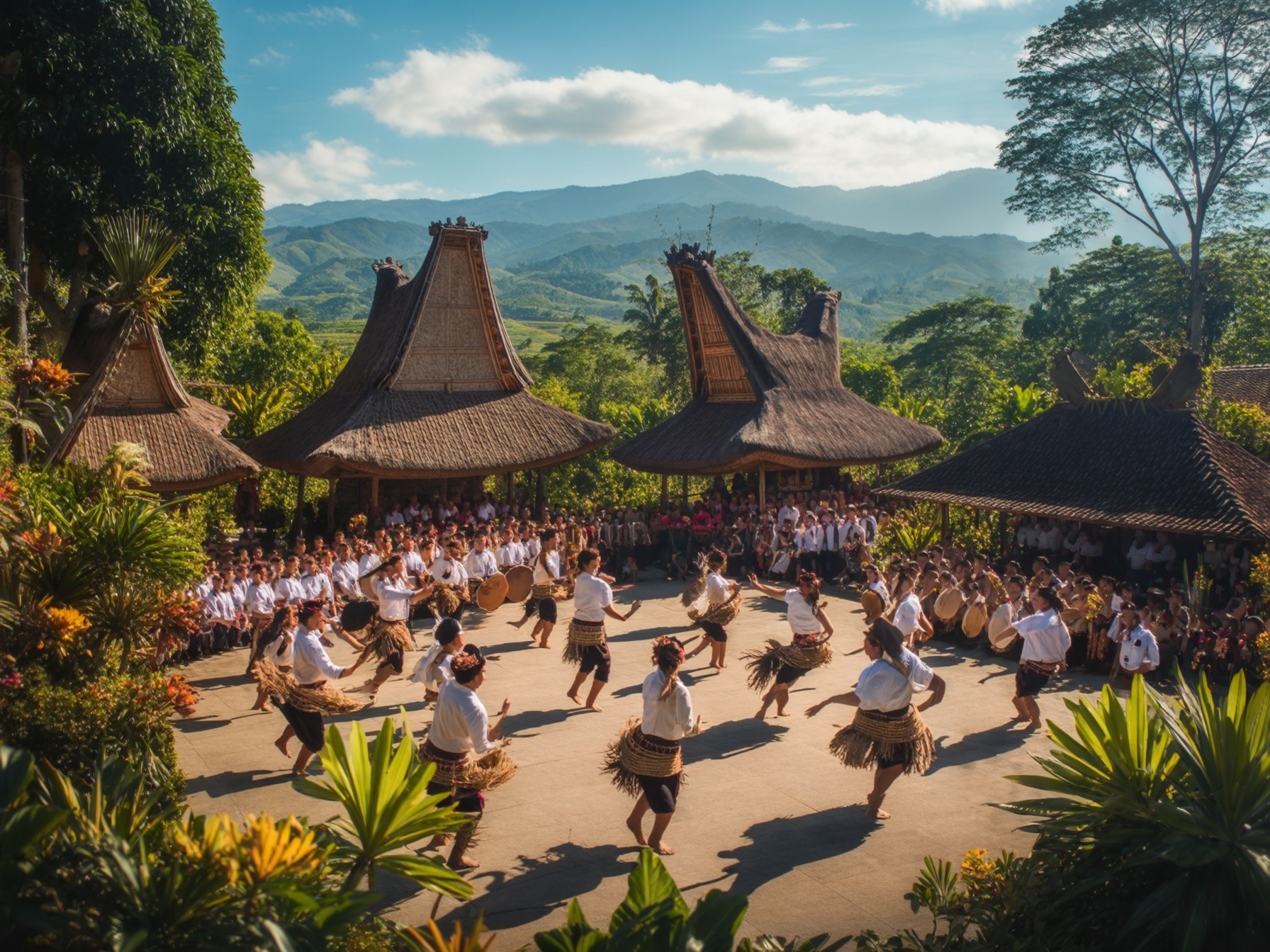 Traditional Indonesian dance performance in a rural village setting with lush greenery and mountain backdrop.