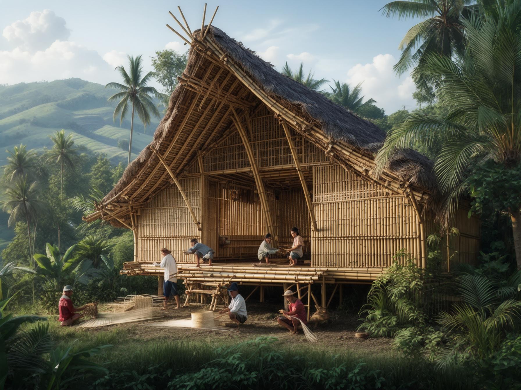 Bamboo house in a lush tropical setting with people crafting and weaving bamboo mats outdoors.