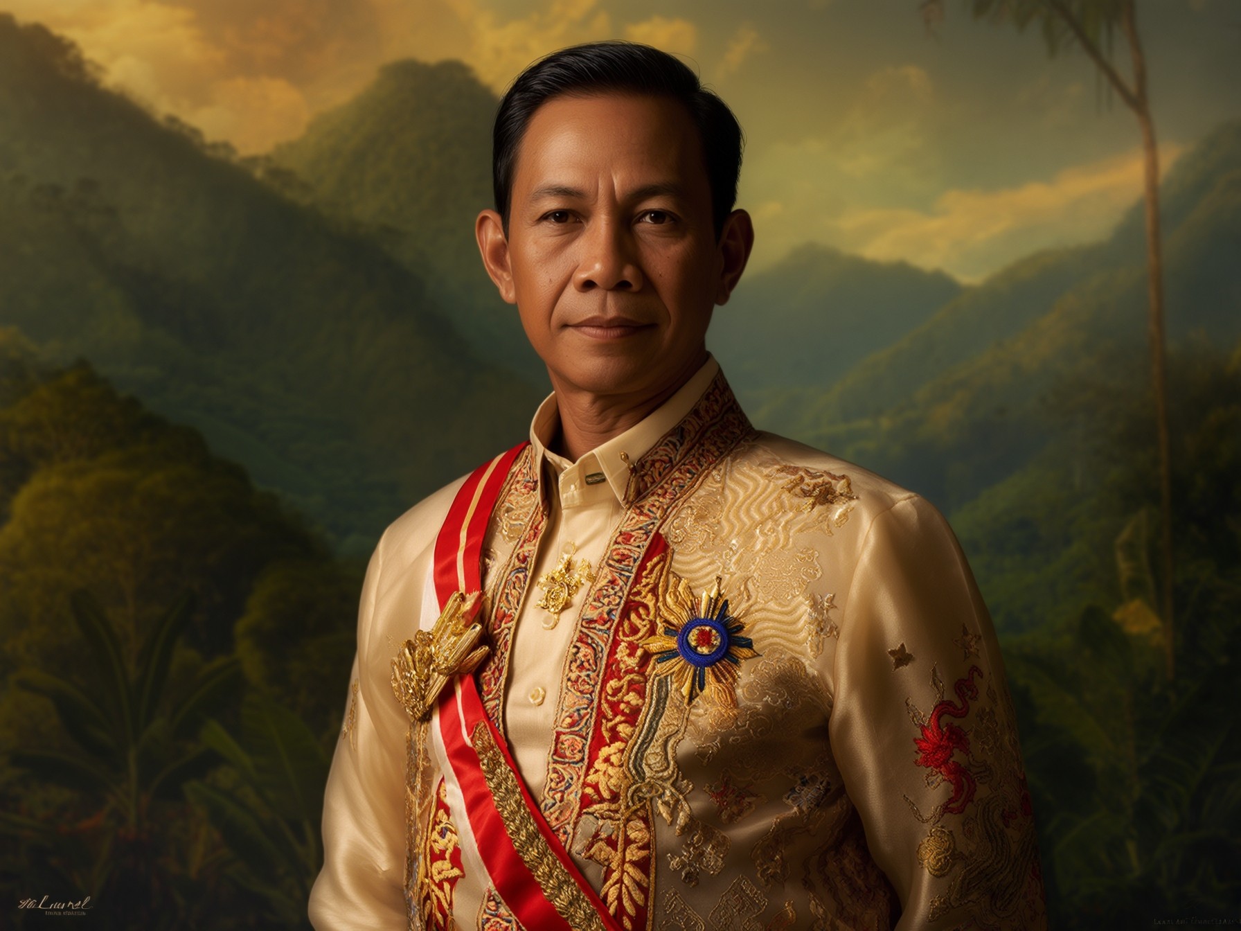 A person wearing a traditional embroidered attire with a sash and medal, set against a picturesque mountain background.