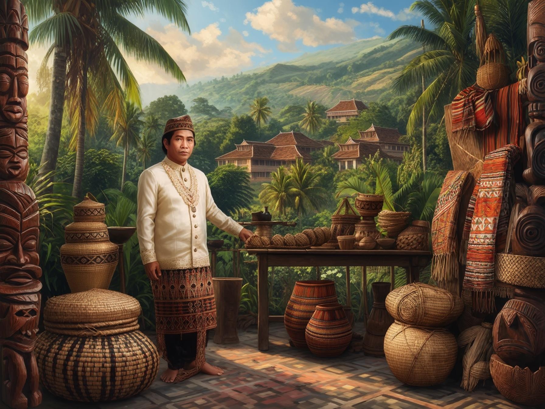 Traditional Indonesian crafts and textiles on display amidst lush tropical scenery and cultural motifs.