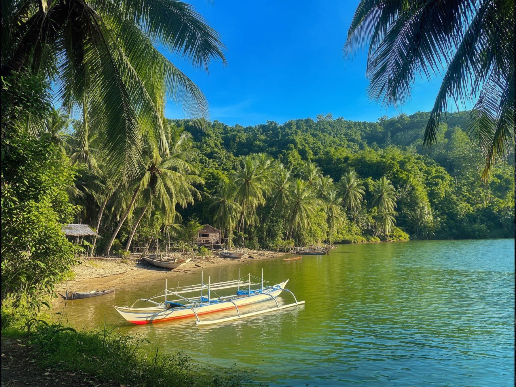 Traditional boat on a tropical river with palm trees, lush jungle, and a serene blue sky in the Philippines.