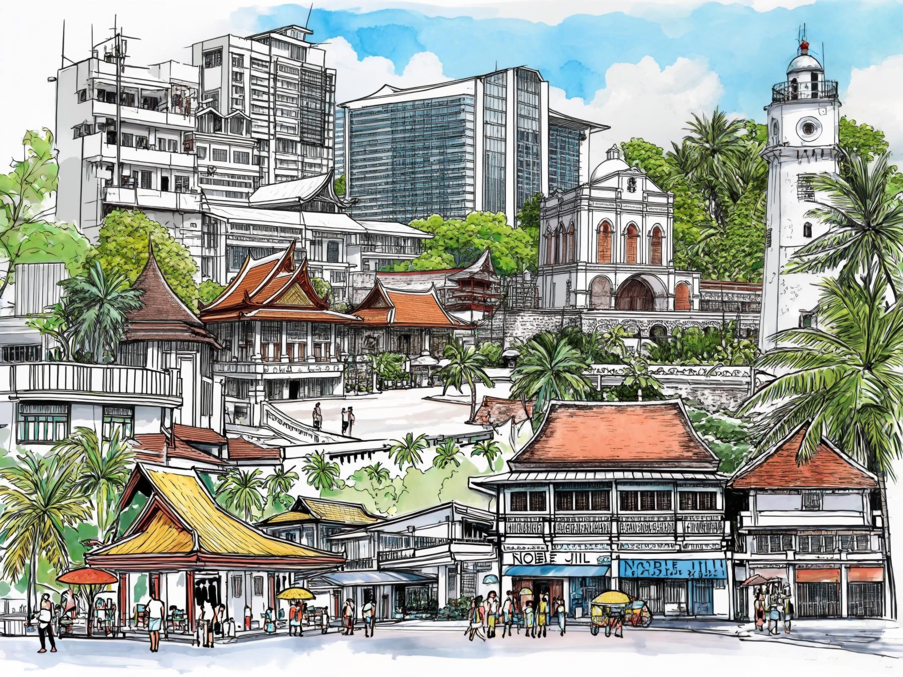 A vibrant urban landscape with diverse architecture, tropical trees, and people walking in a lively marketplace setting.