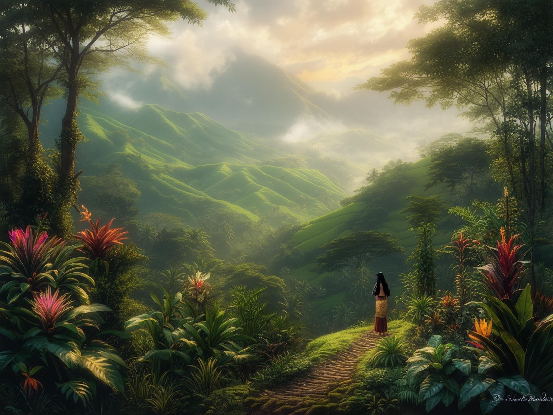 A woman stands on a lush mountain path surrounded by vibrant tropical plants under a cloudy sky.