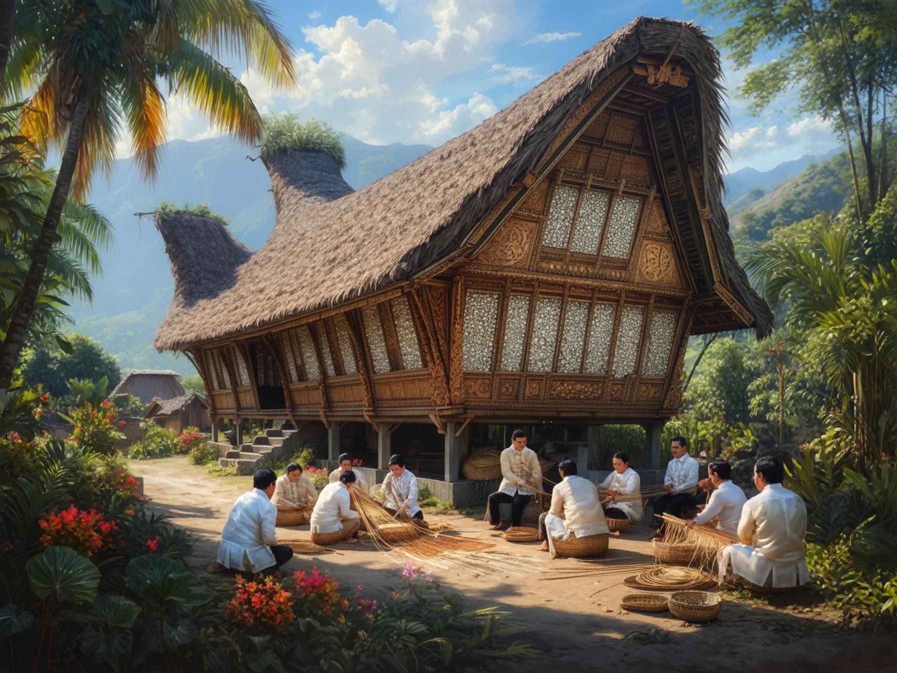 Traditional stilt house with intricate carvings surrounded by foliage and people weaving baskets in a rural setting.