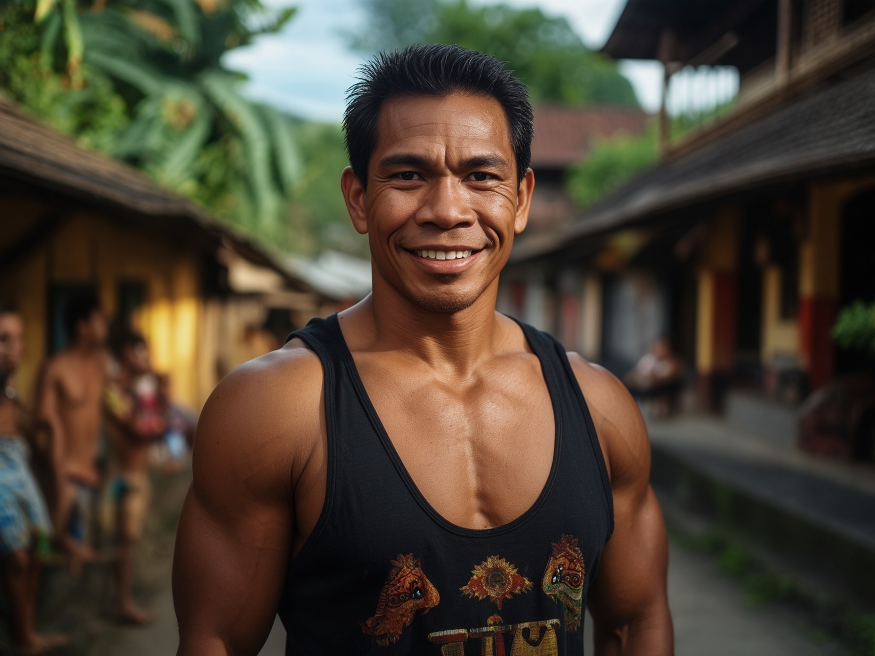 Muscular man in a black tank top with village background and lush greenery.