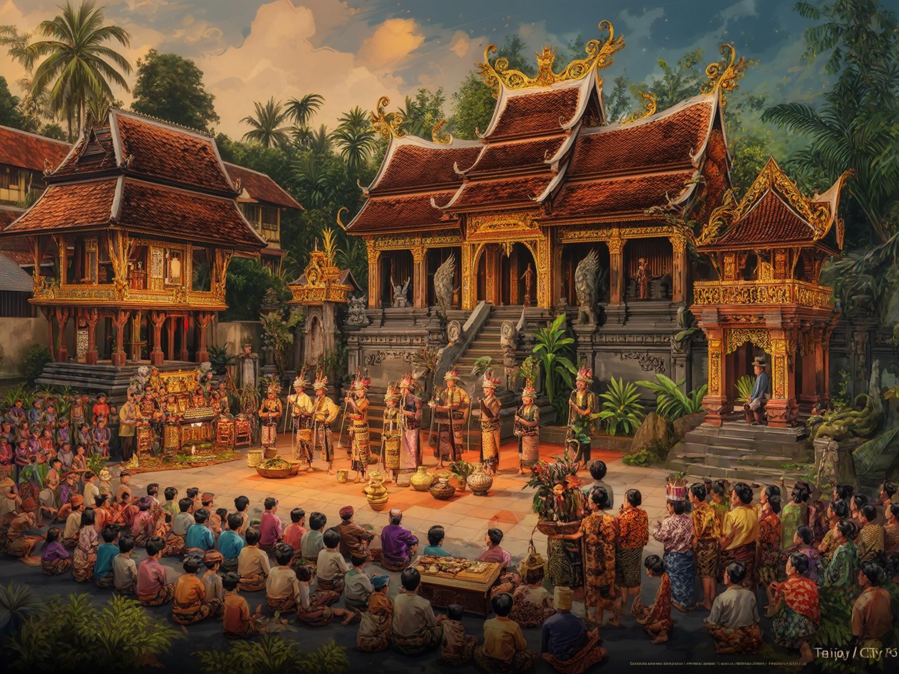 Traditional Balinese cultural ceremony with dancers and musicians in ornate temple courtyard, surrounded by a gathering audience.