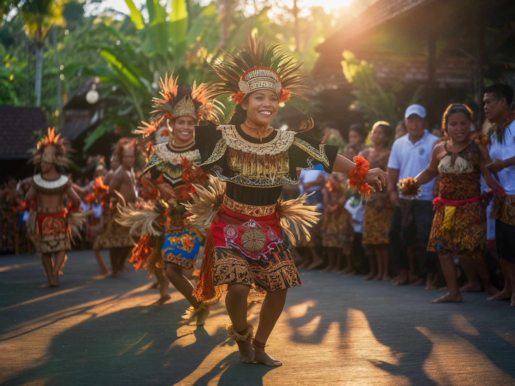 Traditional Balinese dance performance with dancers in colorful costumes, surrounded by a tropical outdoor setting at sunset.