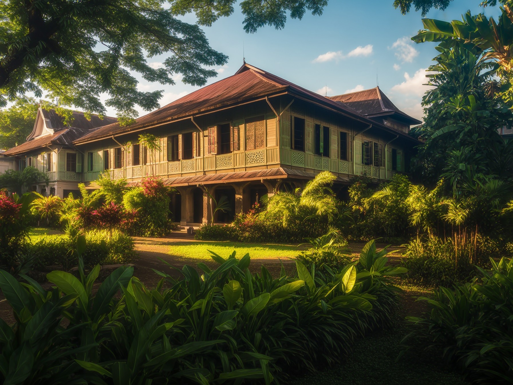 Vintage colonial house surrounded by lush tropical garden in bright daylight.