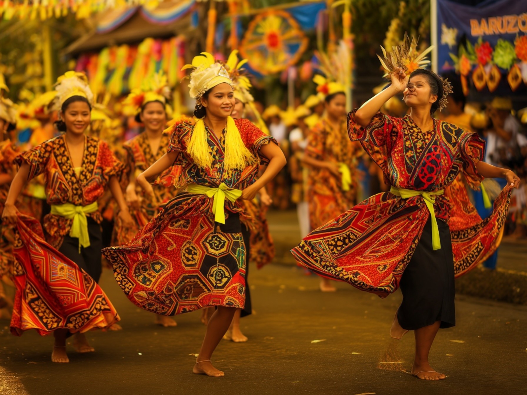 Traditional dancers in colorful costumes perform at a vibrant cultural festival.