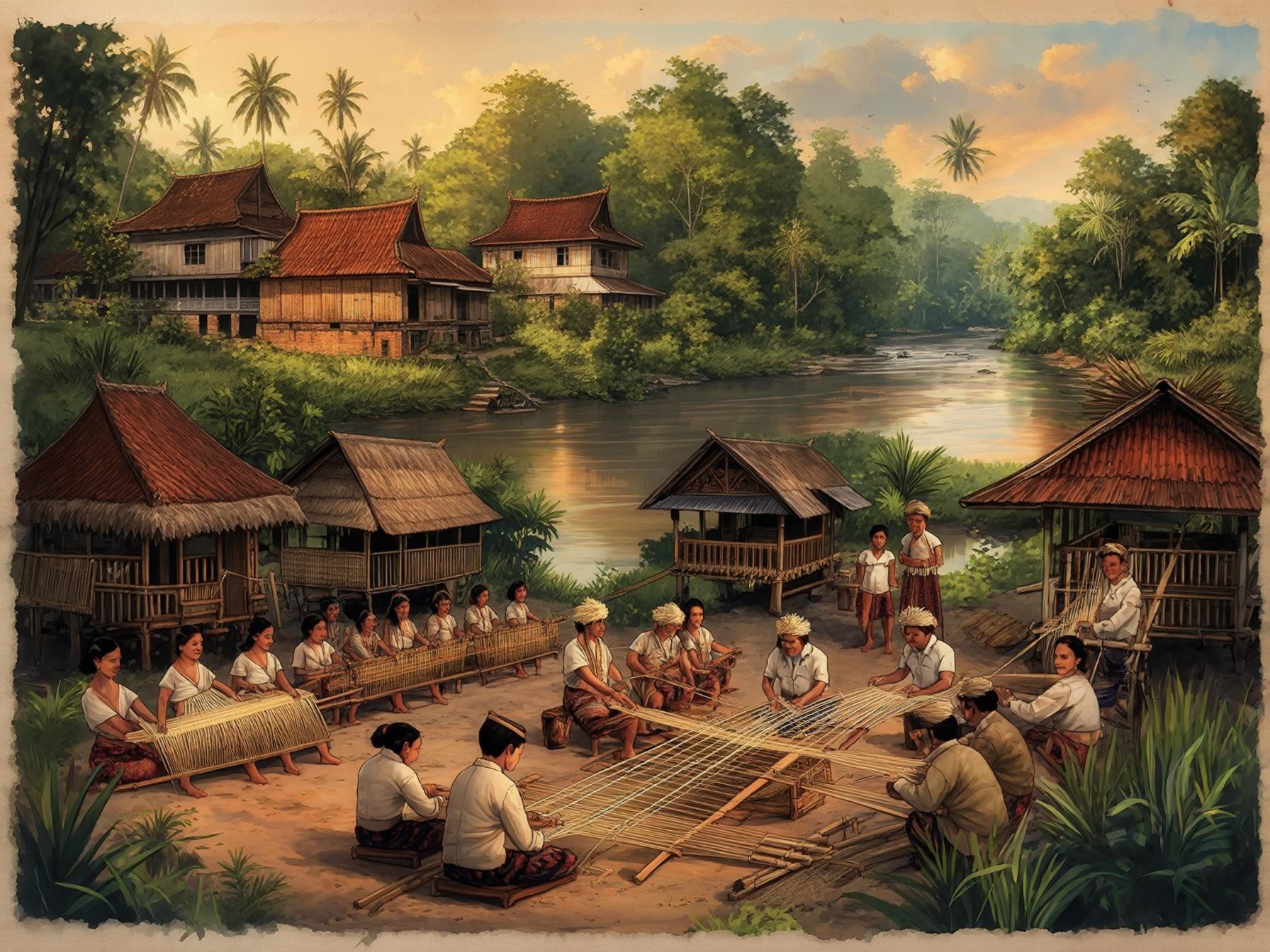 Traditional weaving in a rural village by the river, with people working together on weaving looms, surrounded by lush greenery.