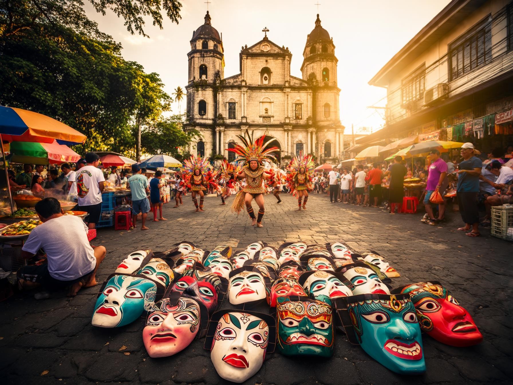 Colorful festival parade with vibrant masks, dancers in ornate costumes, and bustling market street under sunset near historic church.