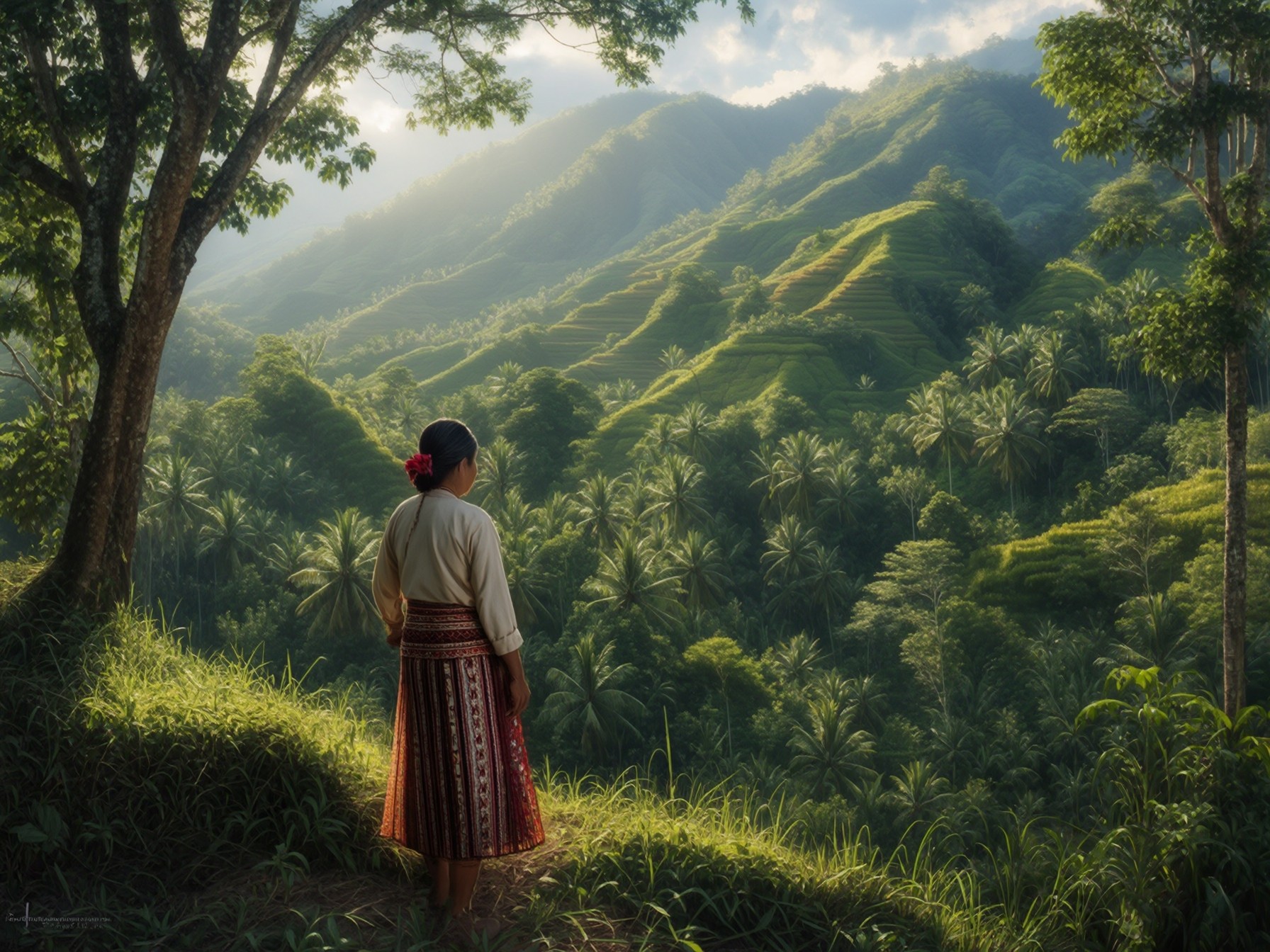 Woman in traditional attire overlooking lush, misty mountain valley with terraced hills and tropical trees.