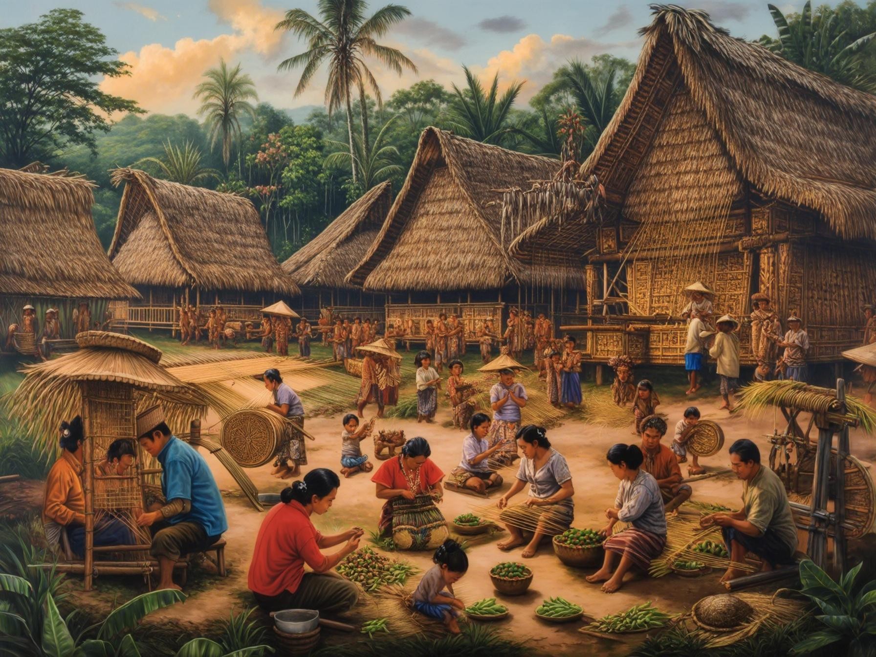 Traditional village life with bamboo houses, people gathering, and engaging in activities like weaving and sorting vegetables.